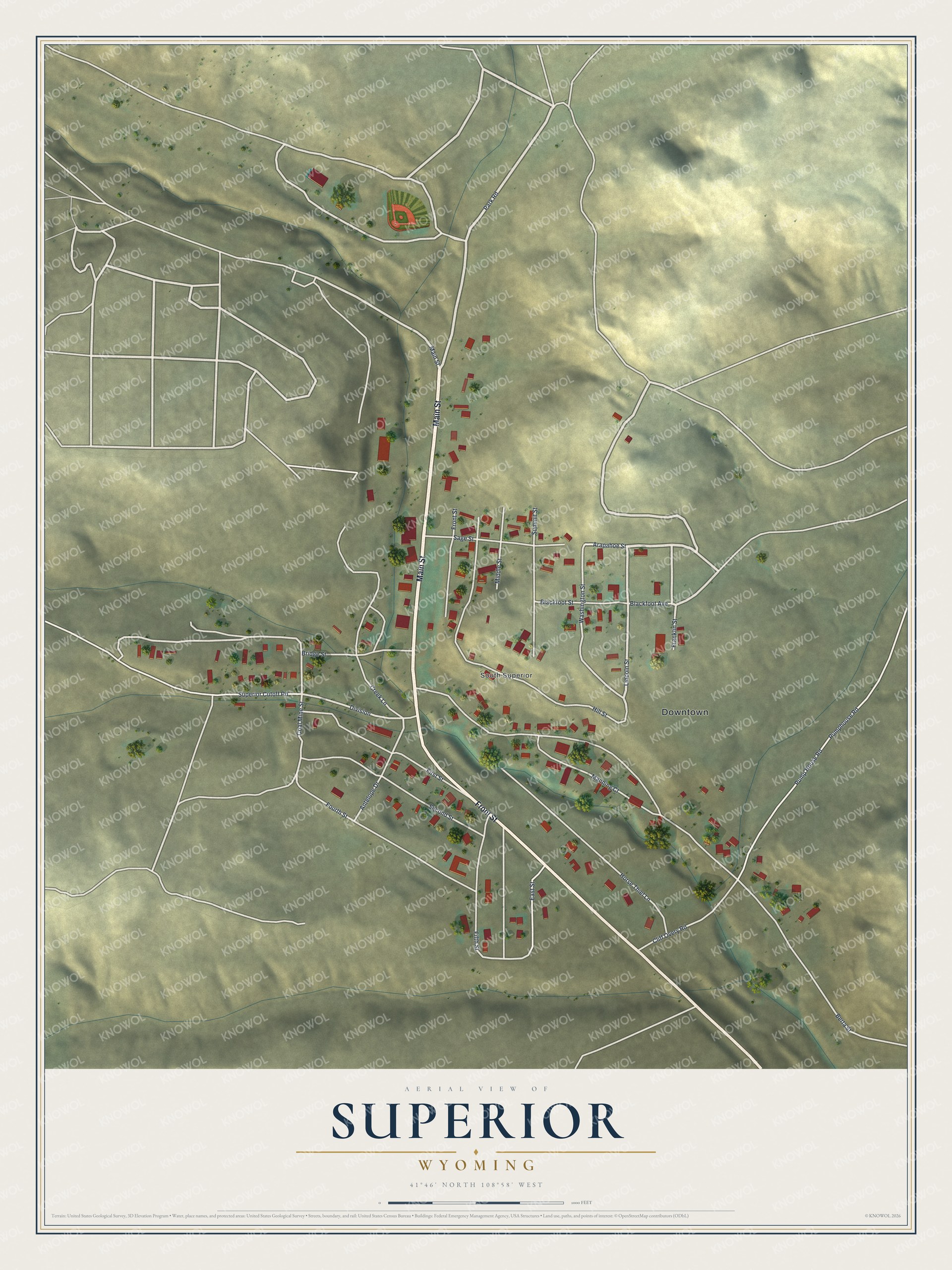 Full map of Superior, Wyoming, with red buildings, printed street names and the land around them