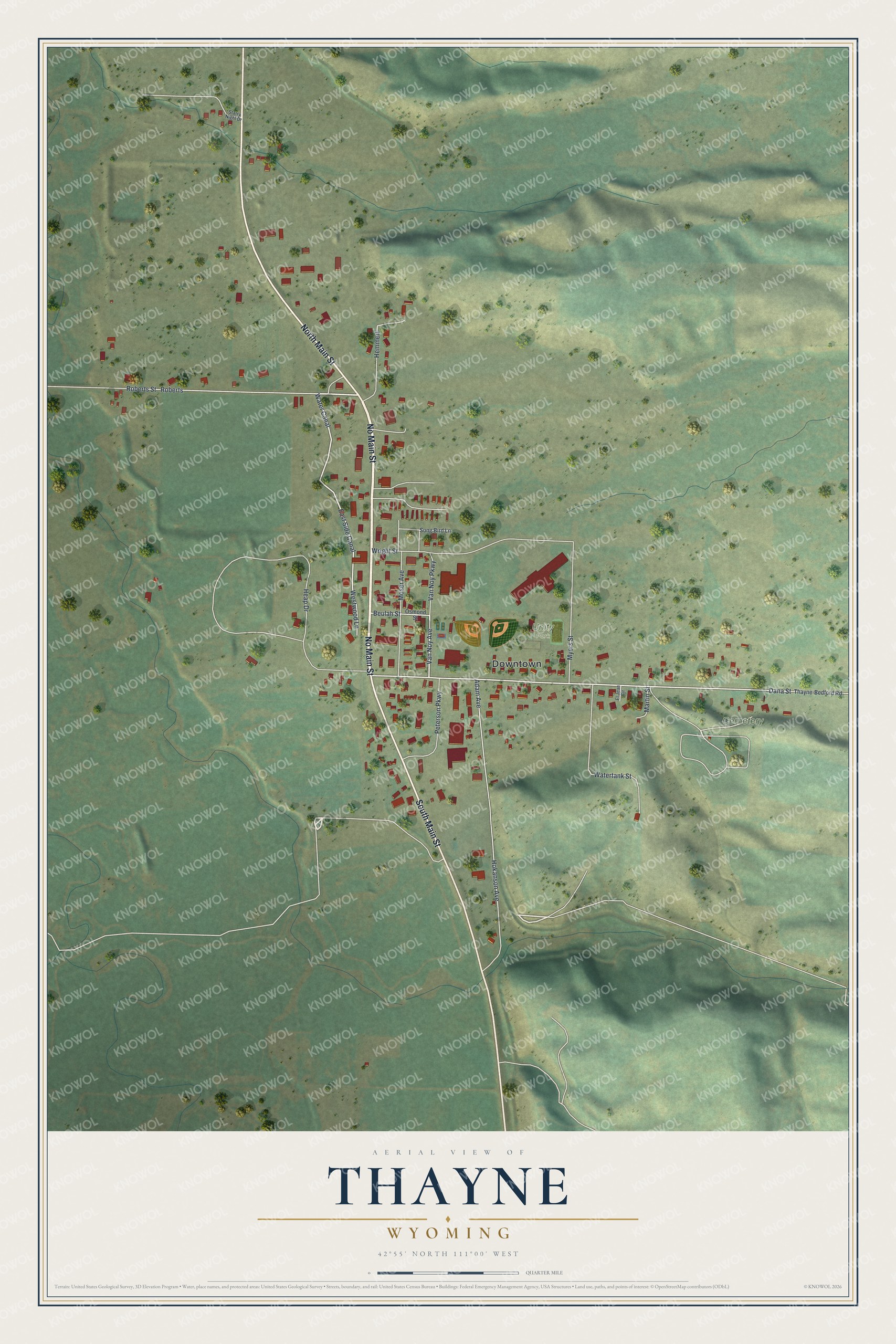 Full map of Thayne, Wyoming, with red buildings, printed street names and the land around them
