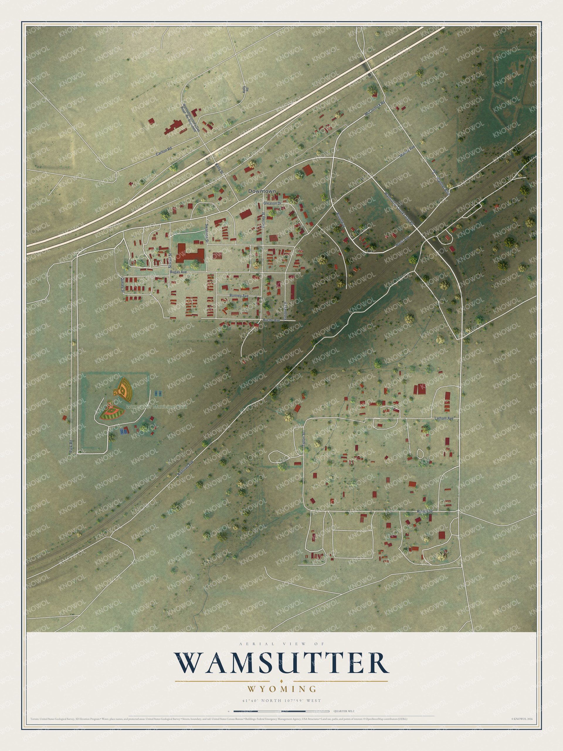 Full map of Wamsutter, Wyoming, with red buildings, printed street names and the land around them