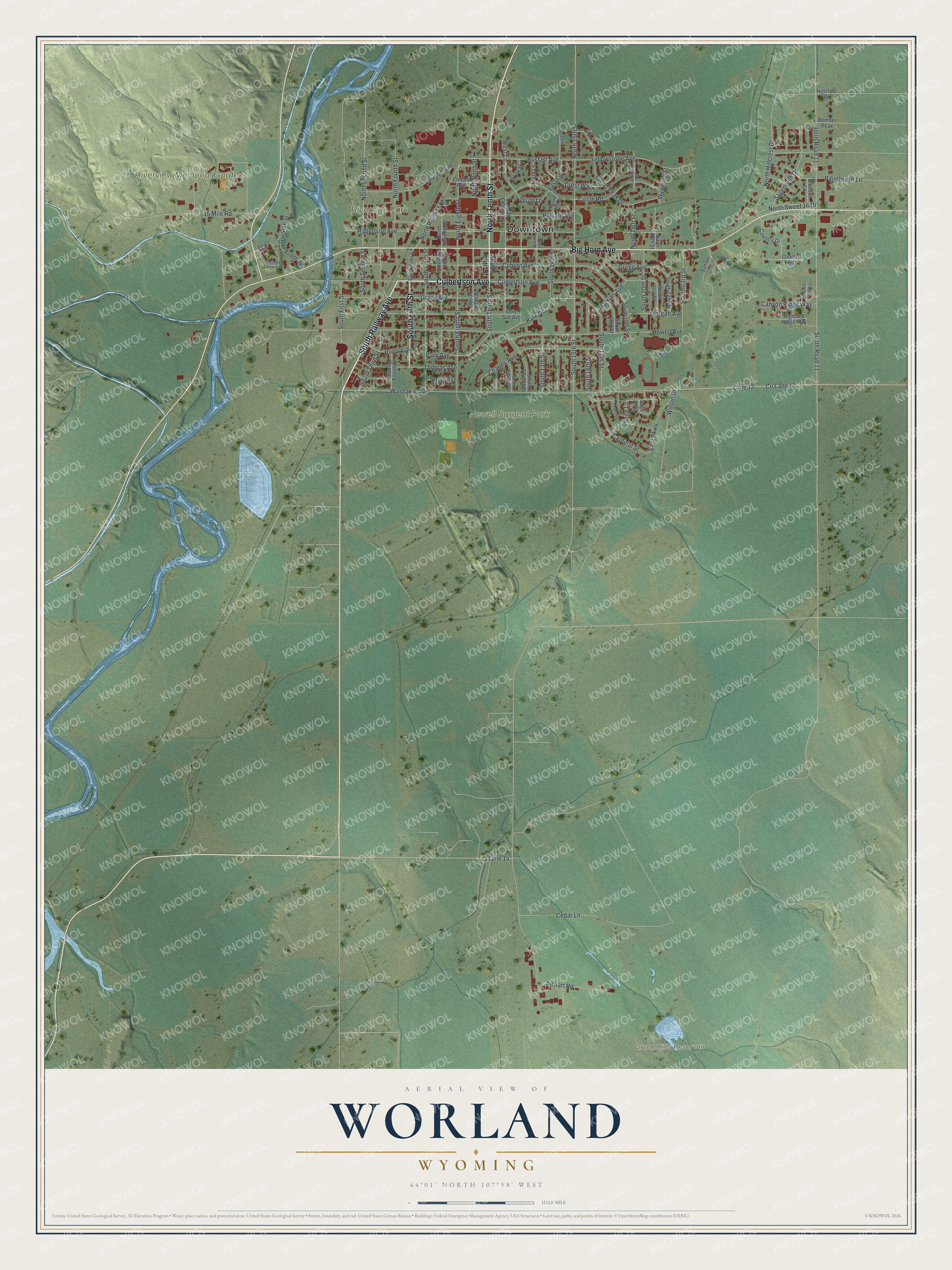 Full map of Worland, Wyoming, with red buildings, printed street names and the land around them