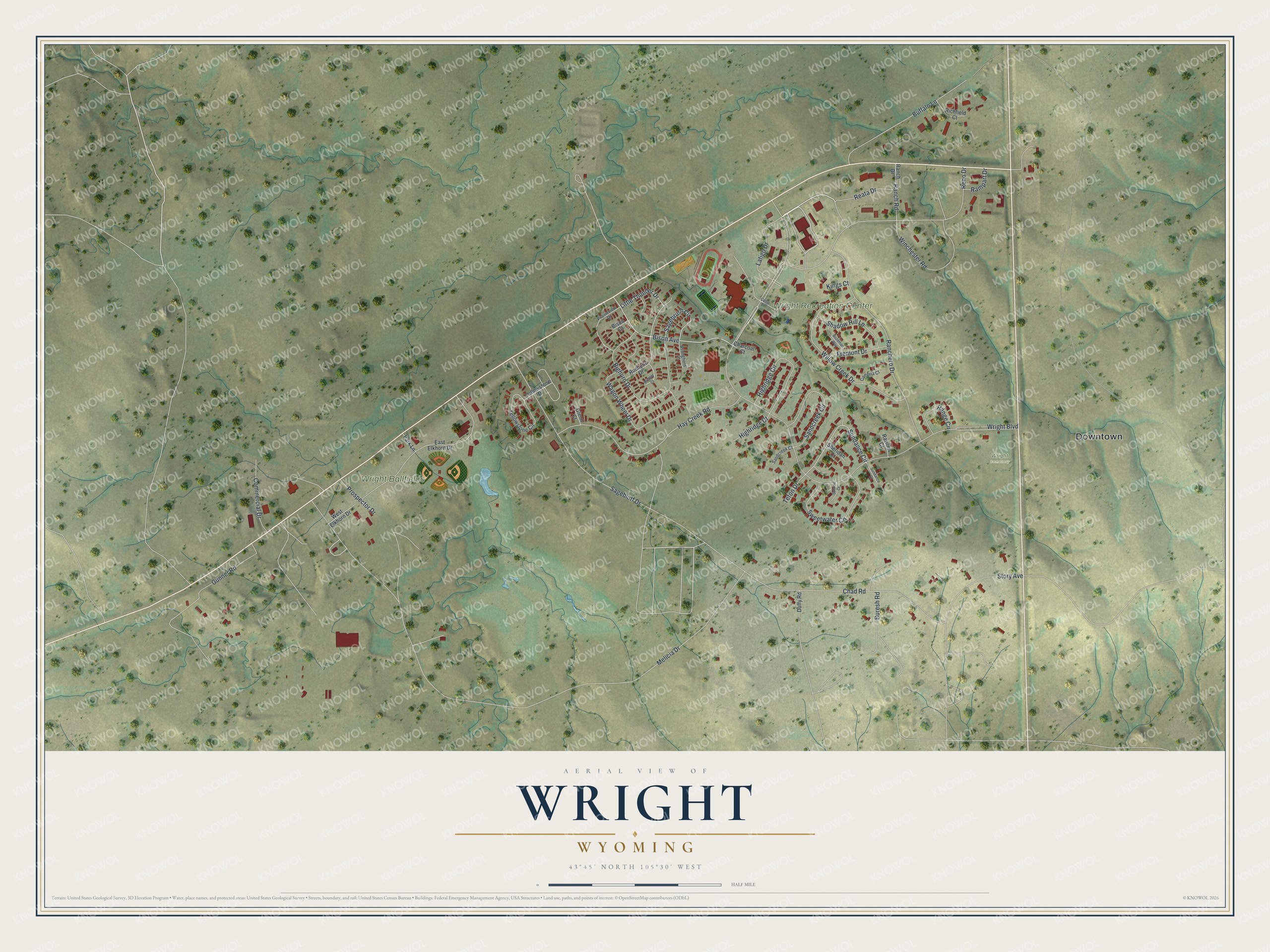 Full map of Wright, Wyoming, with red buildings, printed street names and the land around them