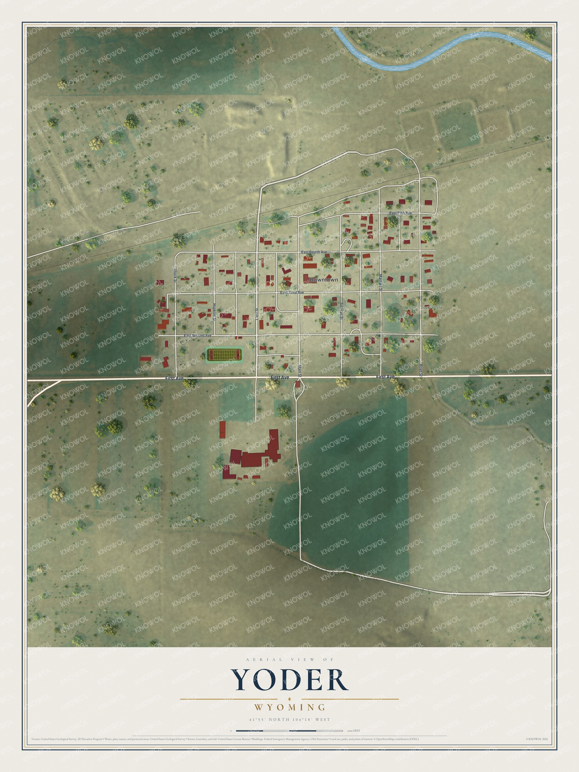 Full map of Yoder, Wyoming, with red buildings, printed street names and the land around them