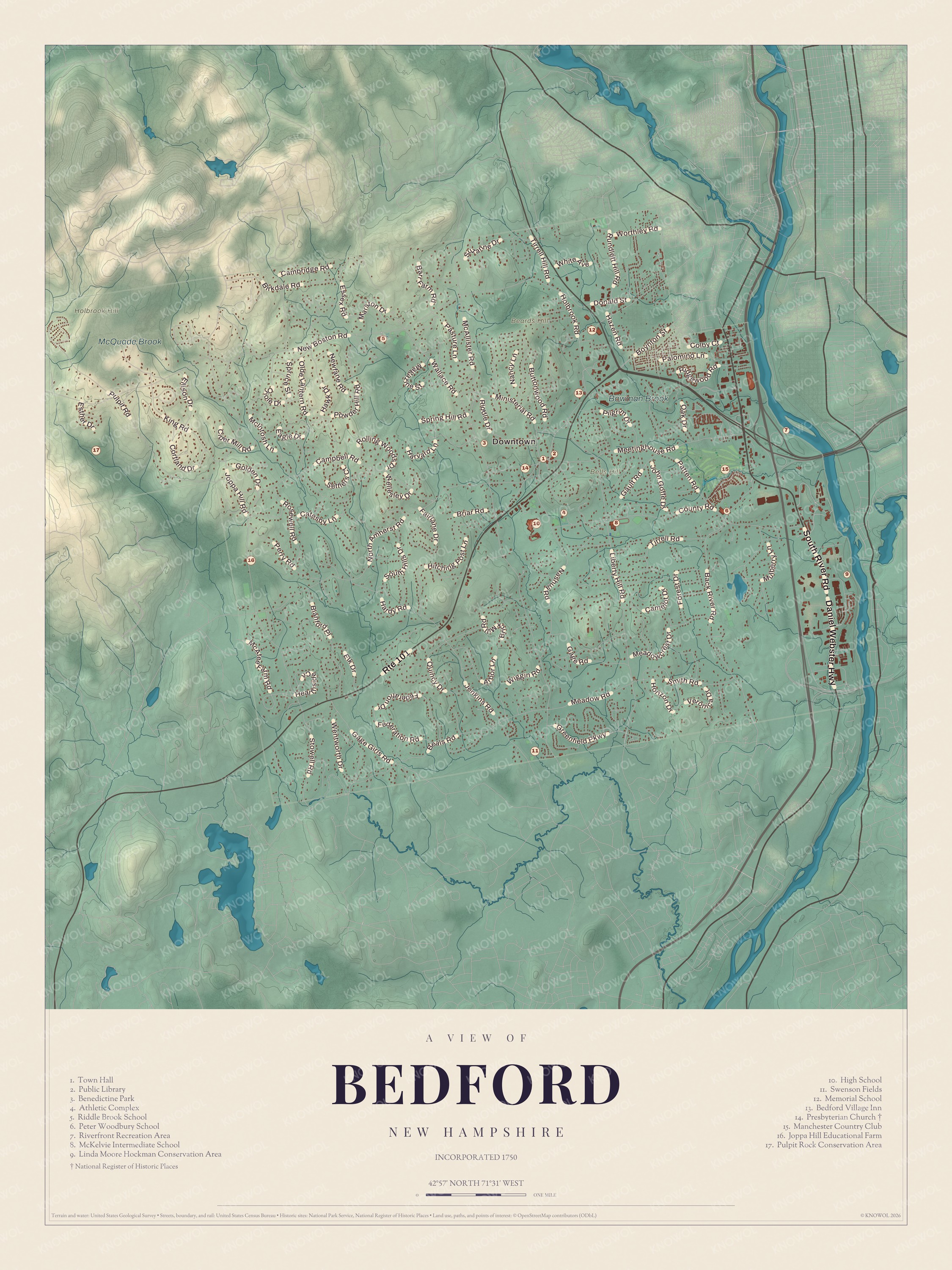 Watermarked full-map preview of Bedford, New Hampshire