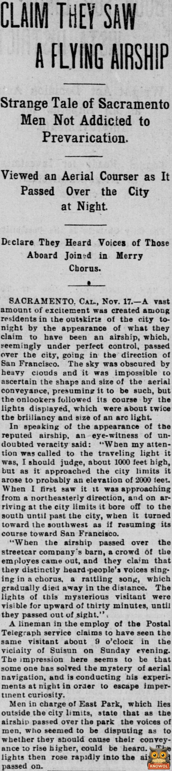1896 San Francisco Call story headlined Claim They Saw a Flying Airship, about a mystery light over Sacramento