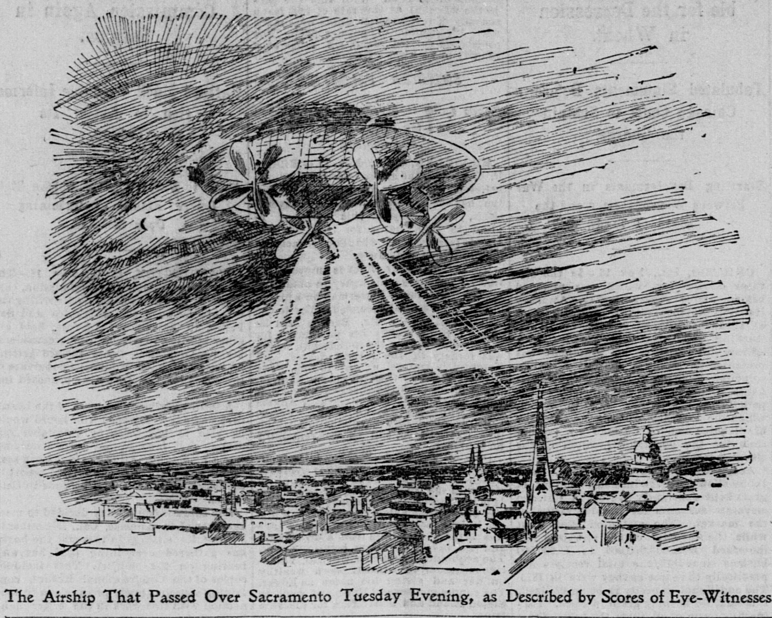 1896 newspaper drawing of an egg-shaped airship with fan-like wheels shining a searchlight over the rooftops and Capitol dome of Sacramento