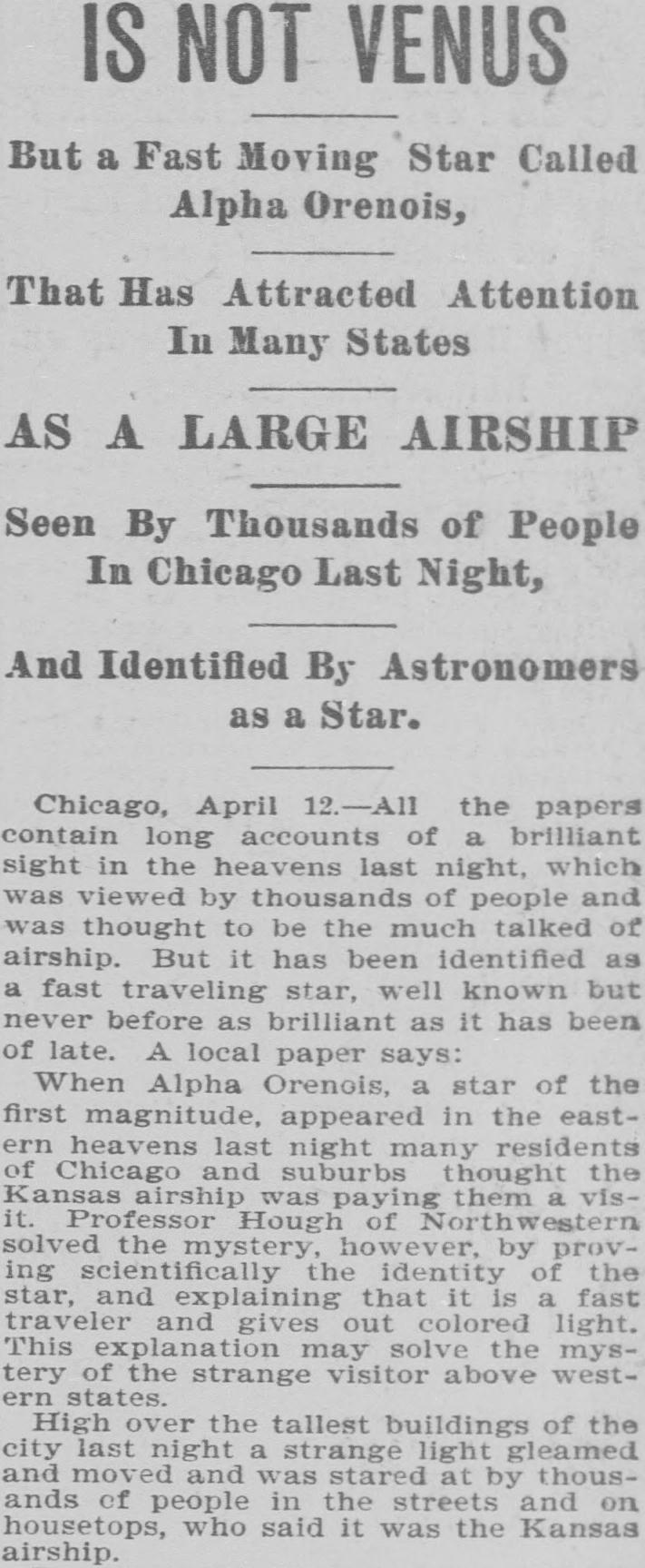 1897 Topeka State Journal story headlined Is Not Venus, about thousands in Chicago taking a star for an airship