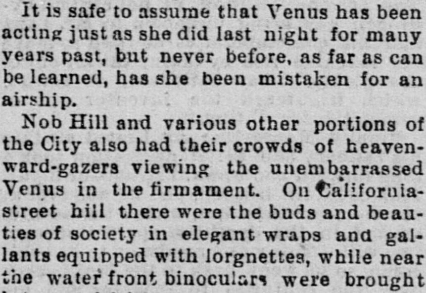 1896 San Francisco Call paragraph saying Venus had never before been mistaken for an airship, with crowds on Nob Hill