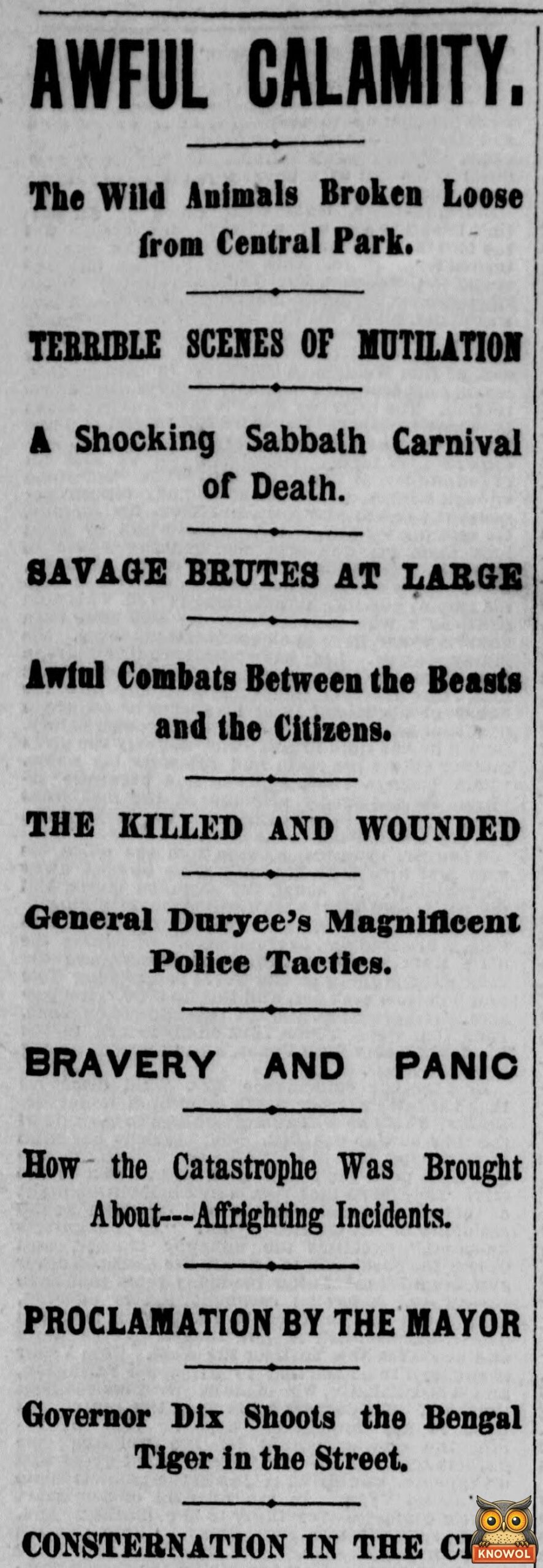 1874 New York Herald headlines: Awful Calamity, The Wild Animals Broken Loose from Central Park, Governor Dix Shoots the Bengal Tiger in the Street