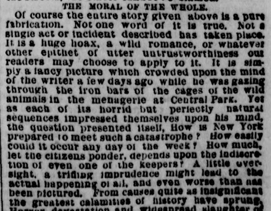 1874 newspaper paragraph headed The Moral of the Whole, admitting the entire story was a pure fabrication