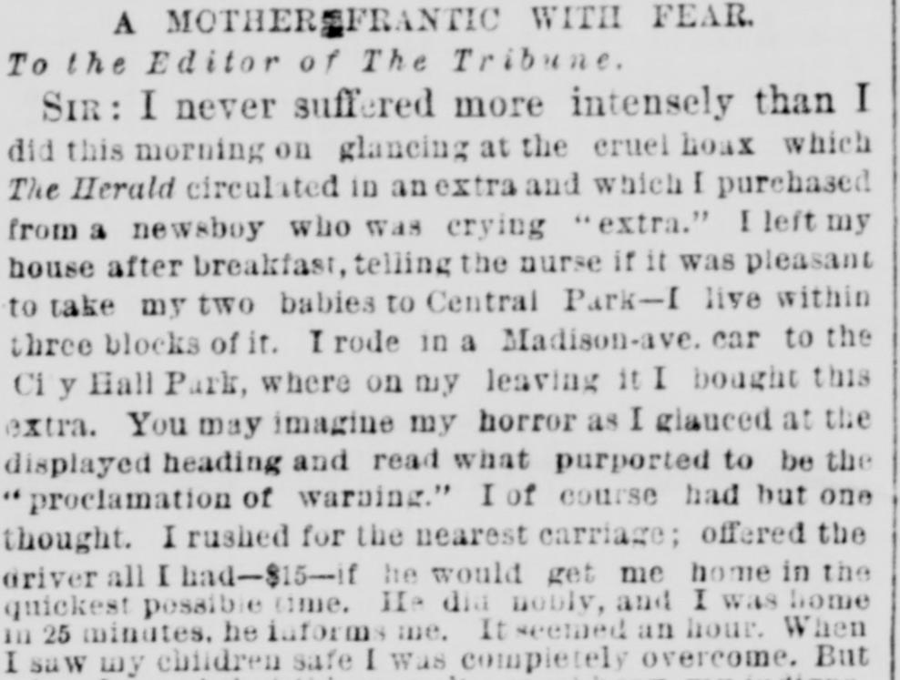 1874 letter to the New-York Tribune headed A Mother Frantic With Fear, describing her carriage ride home after reading the hoax