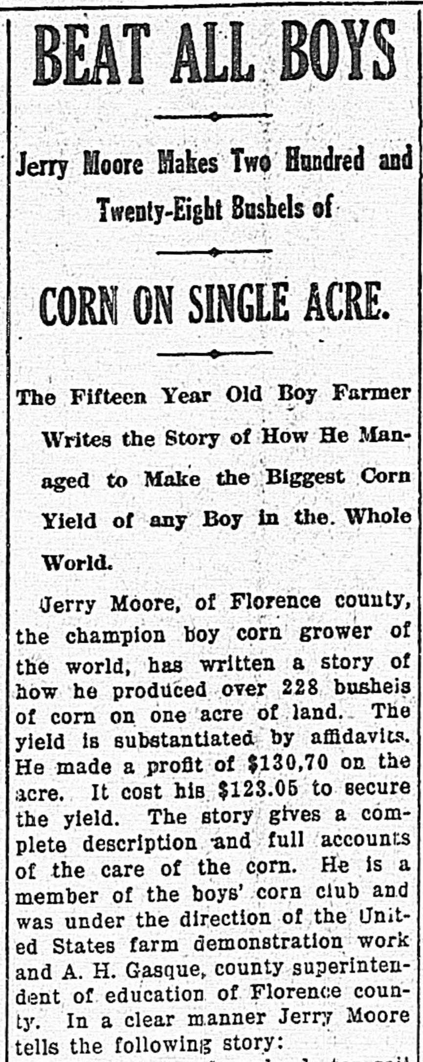 1910 newspaper headline Beat All Boys, Jerry Moore Makes Two Hundred and Twenty-Eight Bushels of Corn on Single Acre