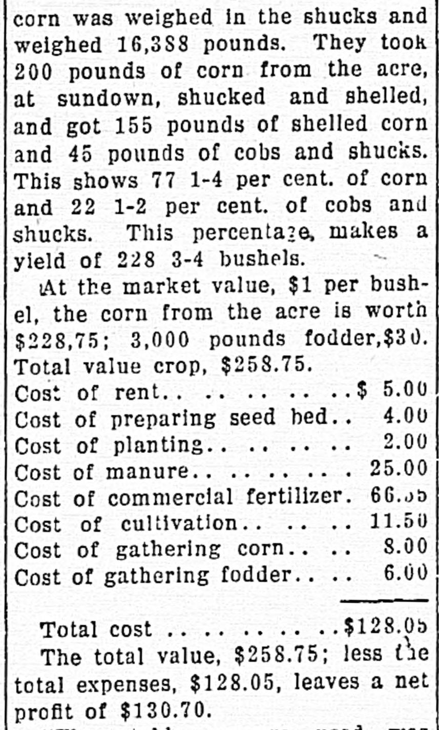 1910 newspaper table of the costs of Jerry Moore's acre of corn, from rent to fertilizer, totaling 128.05 dollars and a net profit of 130.70 dollars