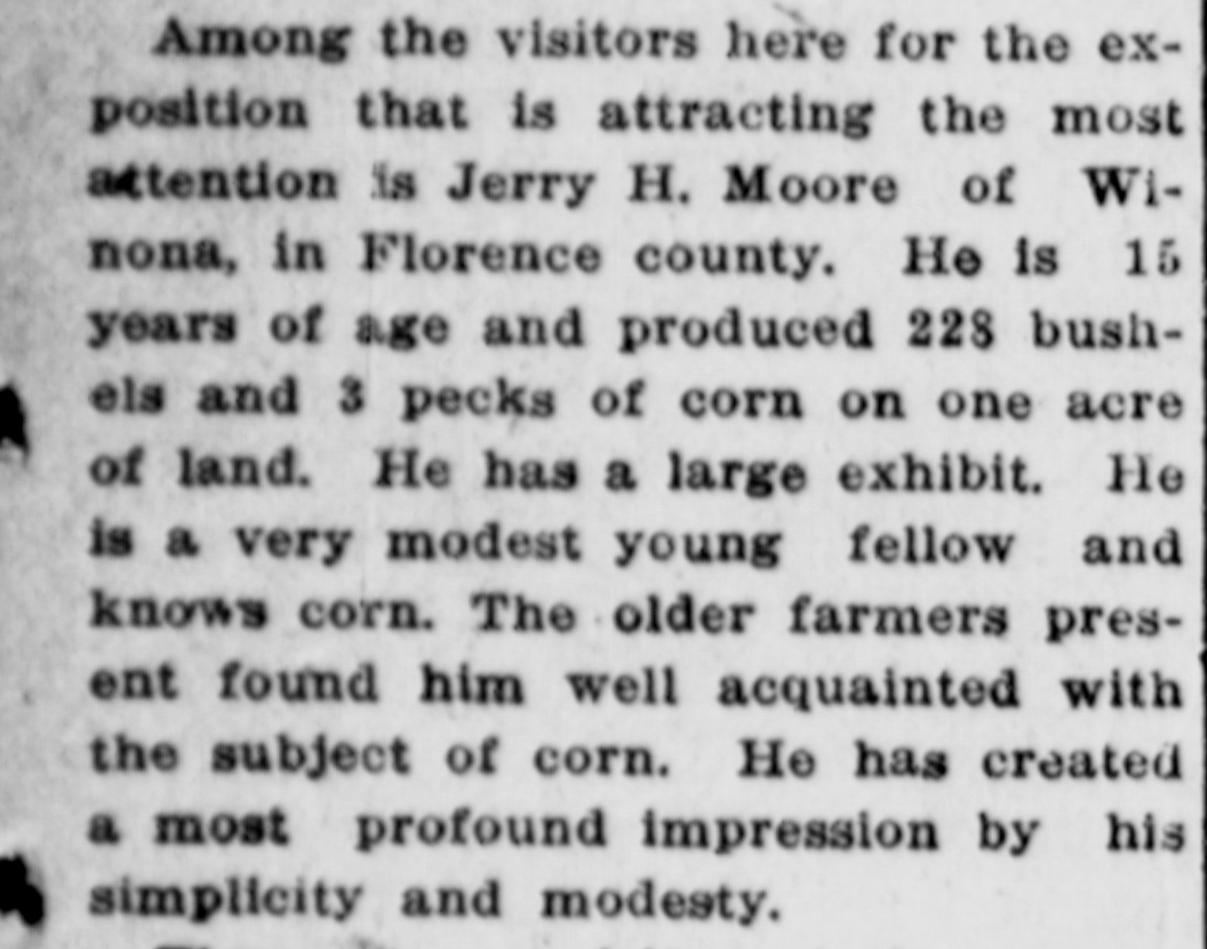 1910 newspaper paragraph calling Jerry H. Moore of Winona a very modest young fellow who knows corn