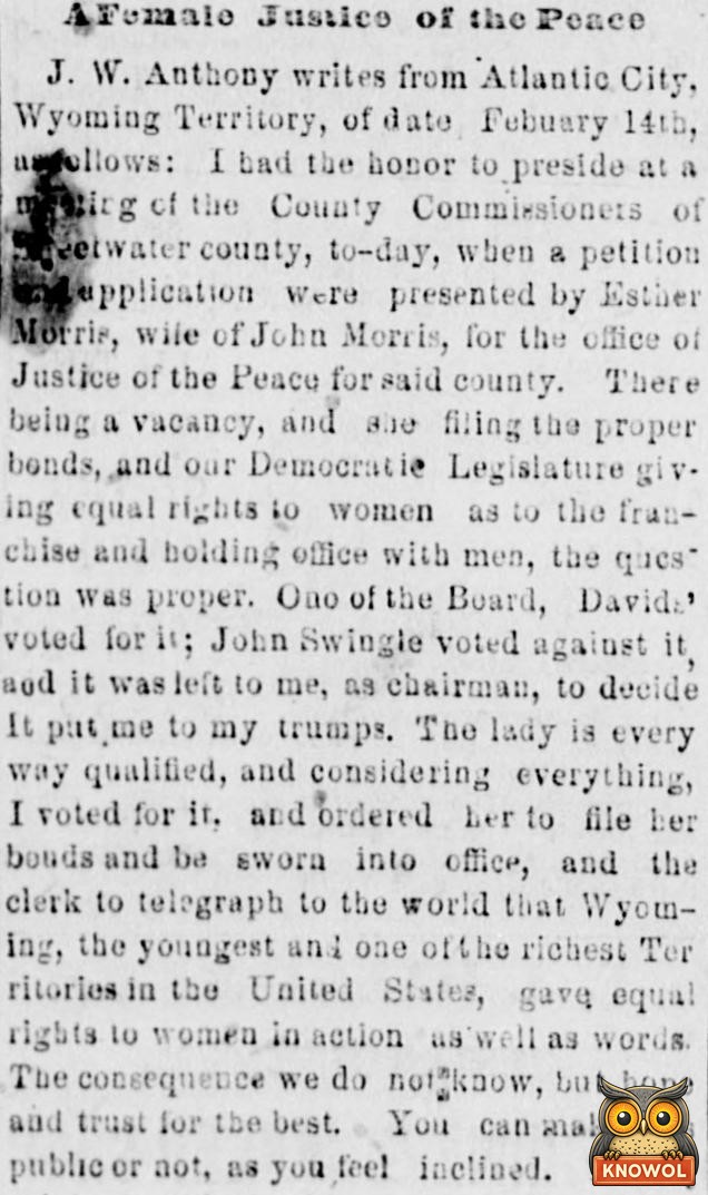 1870 newspaper item headlined A Female Justice of the Peace, a letter about Esther Morris's appointment in Wyoming Territory