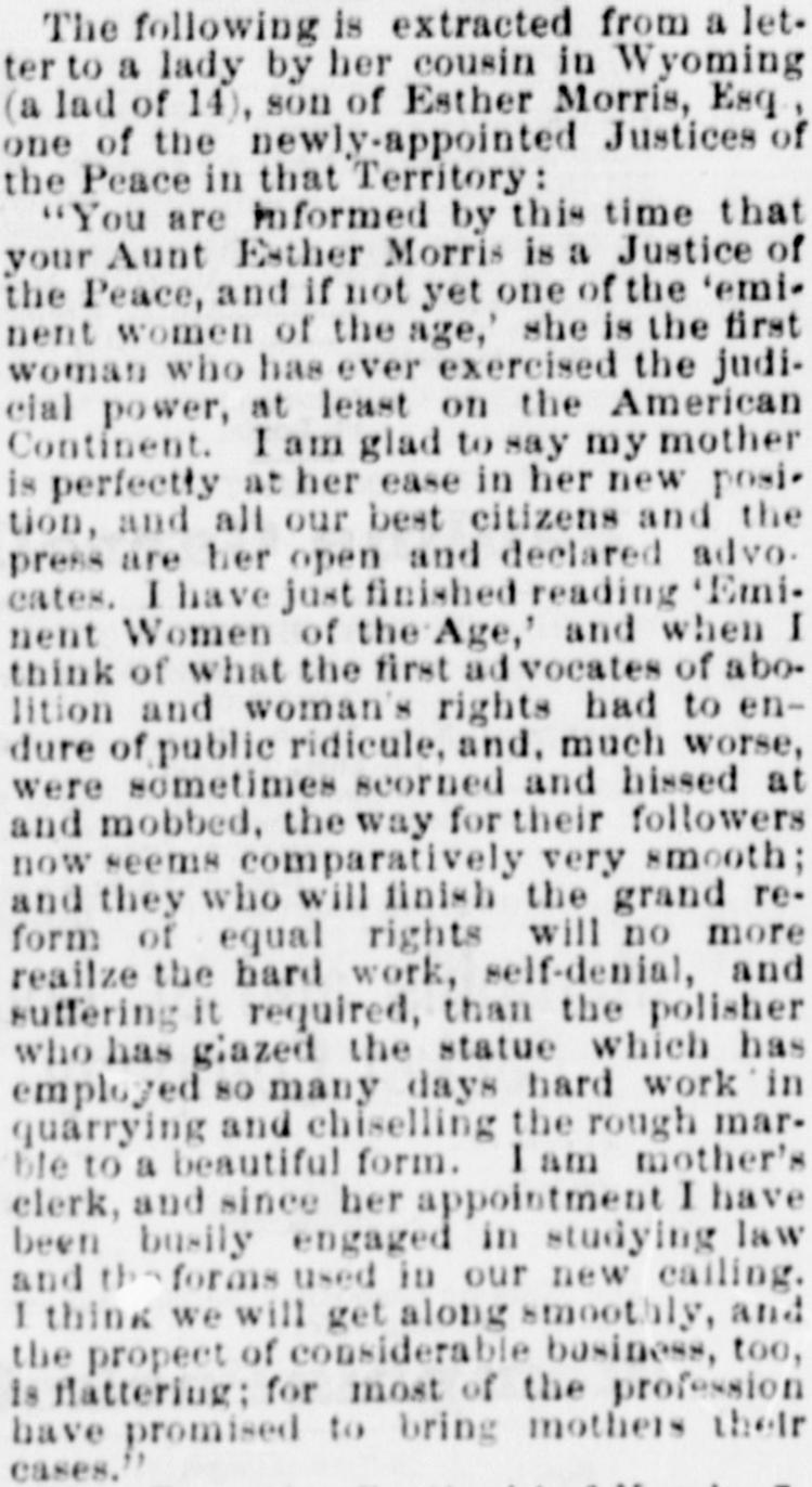 1870 newspaper text of a letter from Esther Morris's son, saying his mother was the first woman to exercise judicial power