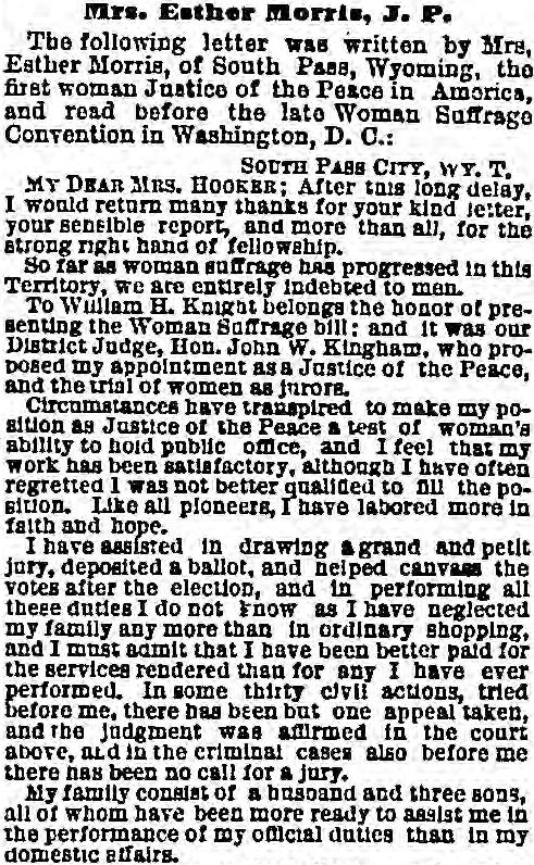 1871 Chicago Tribune item Mrs. Esther Morris, J. P., printing her letter to a woman suffrage convention