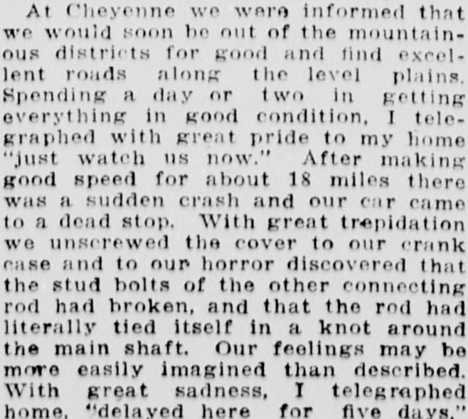 1903 newspaper text of Jackson's letter: he telegraphed home just watch us now, then a connecting rod broke and tied itself in a knot around the main shaft