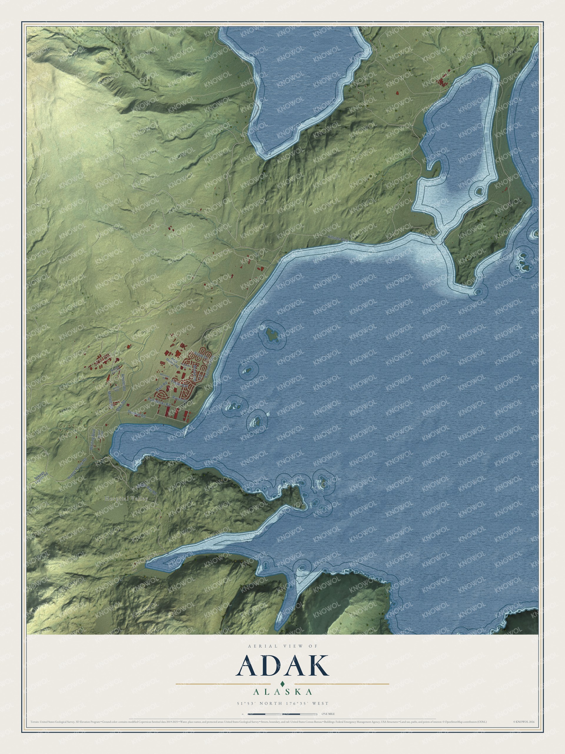 Full map of Adak, Alaska, with red buildings, printed street names and the land around them