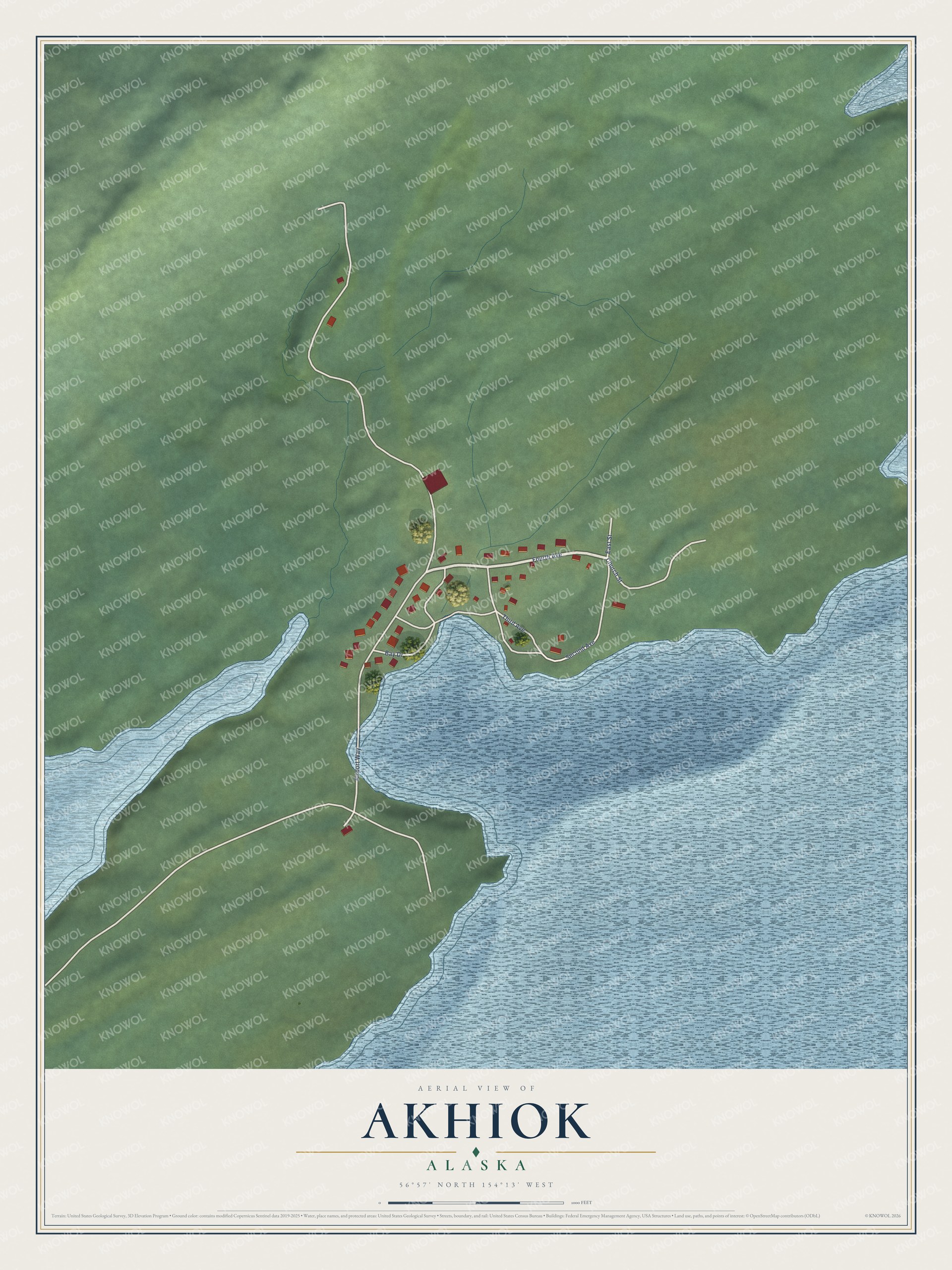 Full map of Akhiok, Alaska, with red buildings, printed street names and the land around them