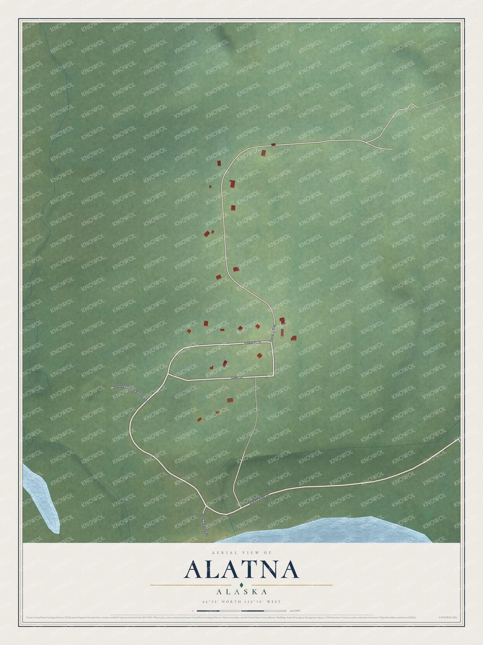 Full map of Alatna, Alaska, with red buildings, printed street names and the land around them