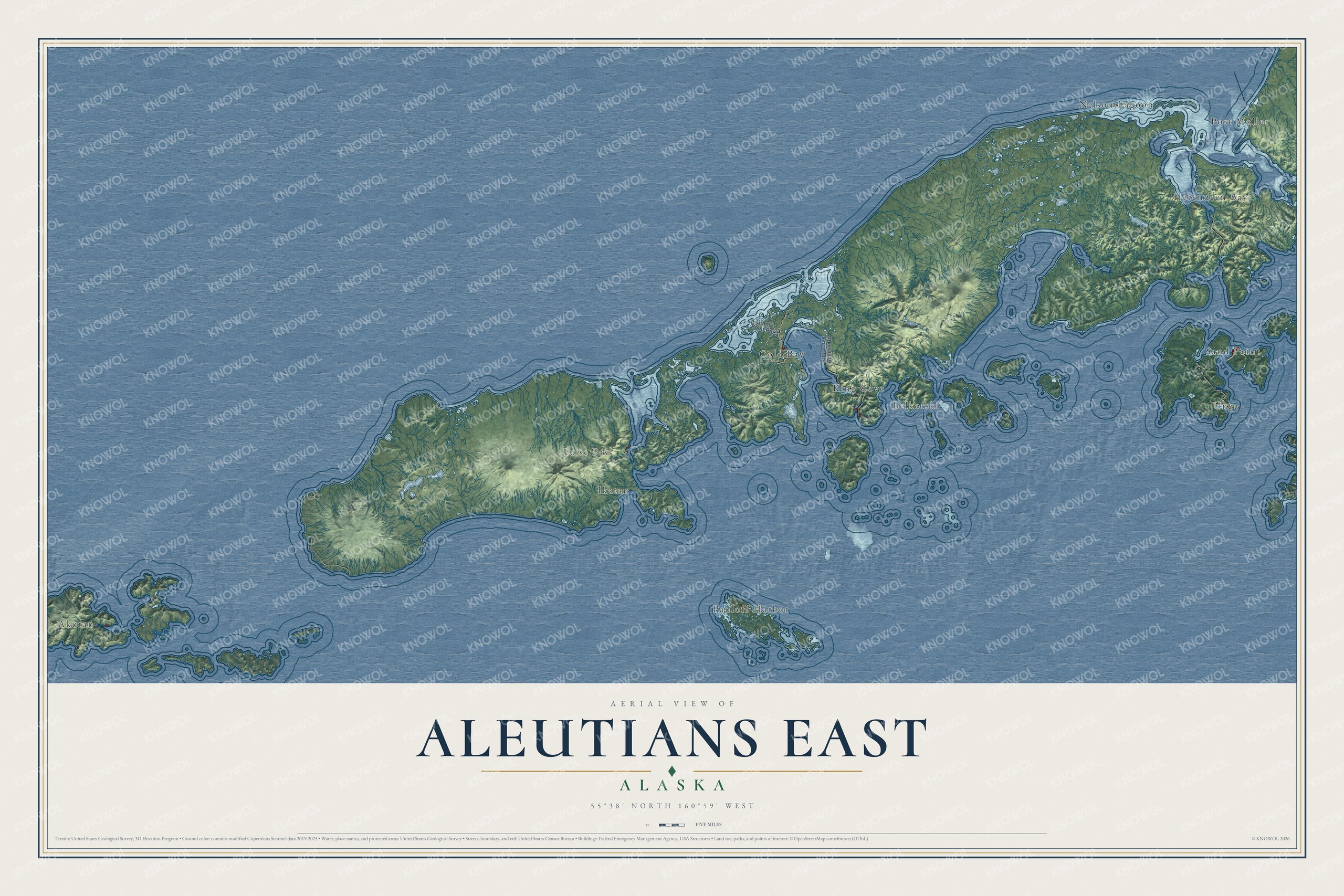 Full map of Aleutians East, Alaska, with red buildings, printed street names and the land around them