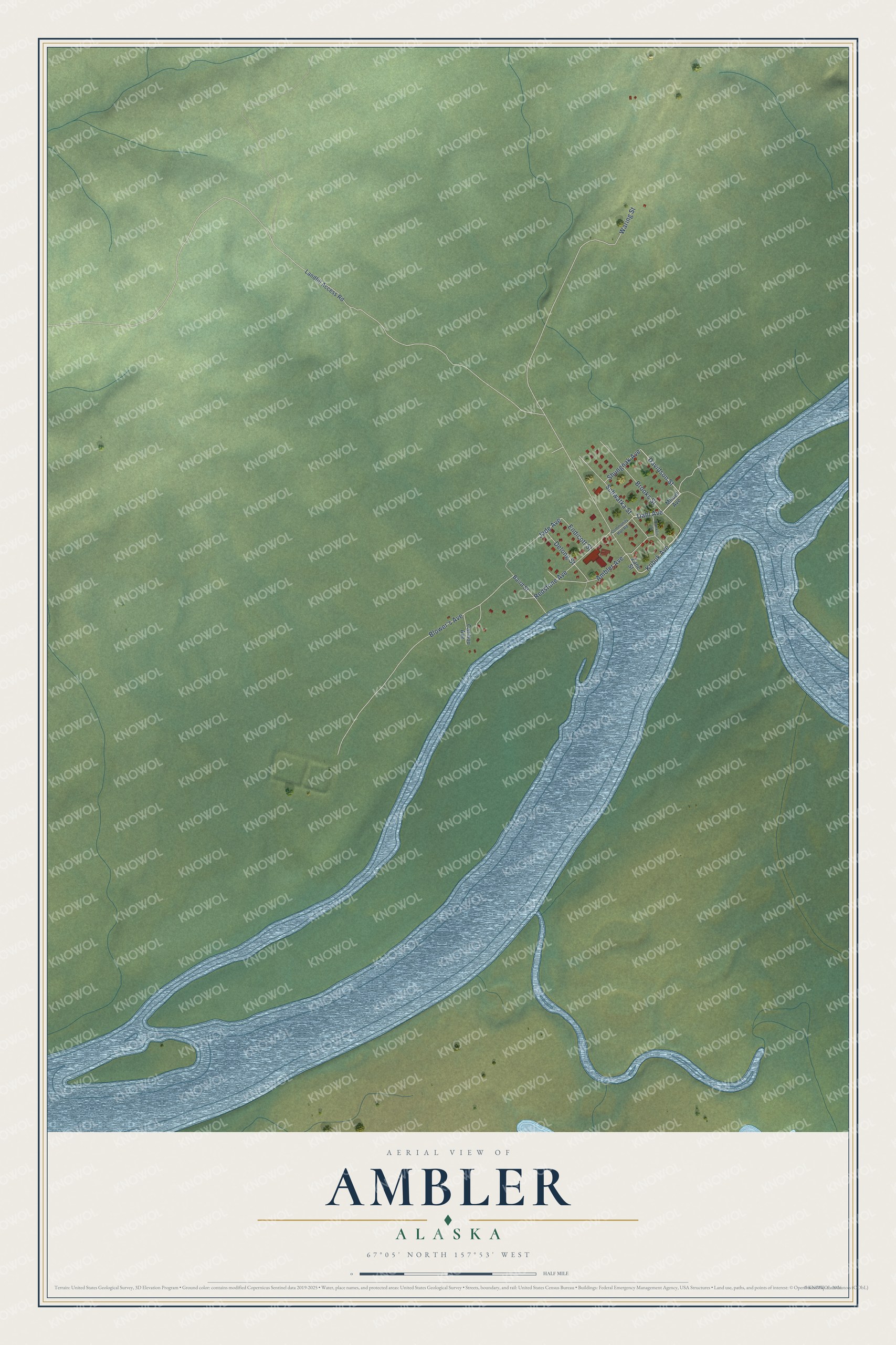 Full map of Ambler, Alaska, with red buildings, printed street names and the land around them