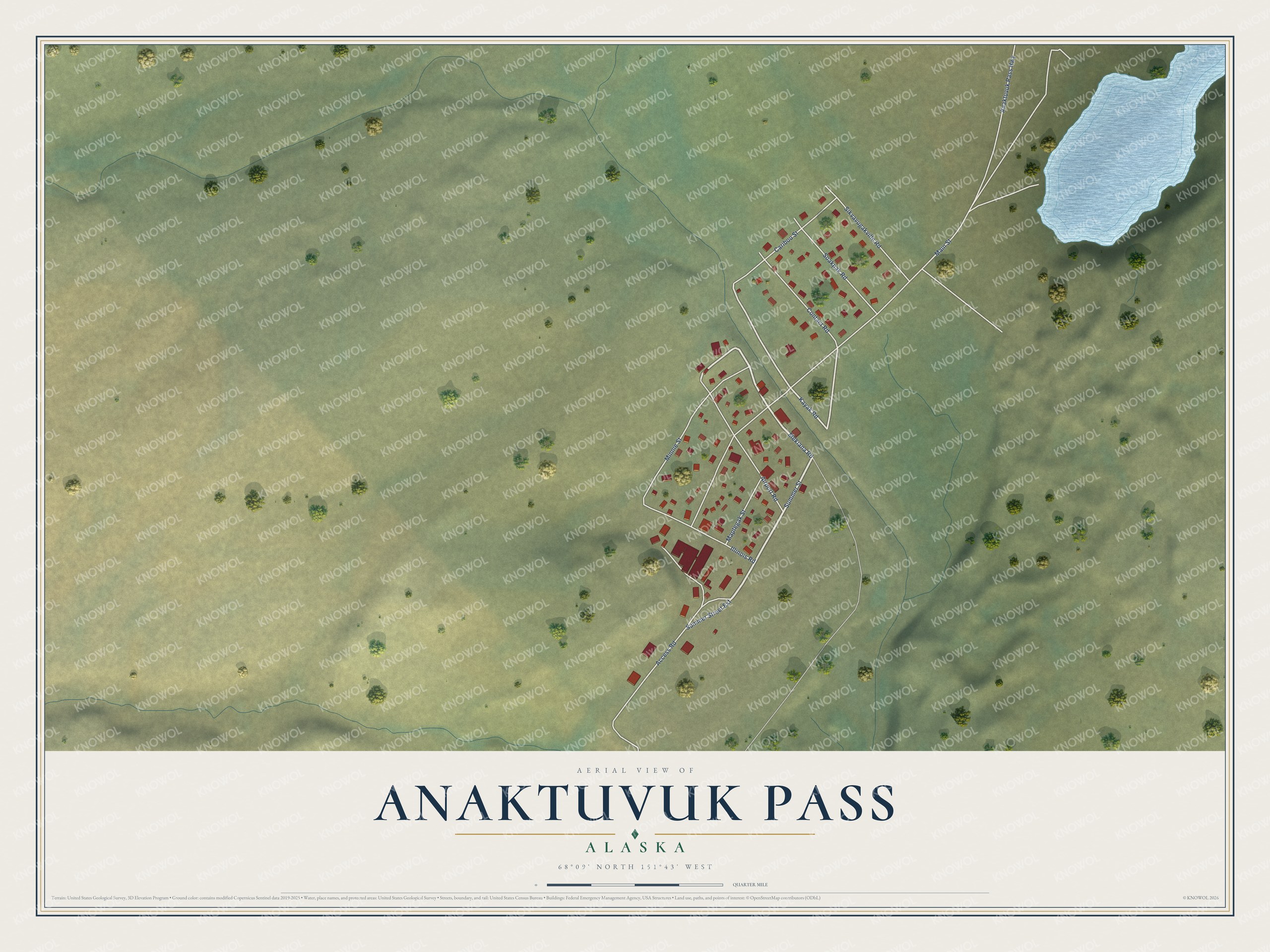 Full map of Anaktuvuk Pass, Alaska, with red buildings, printed street names and the land around them