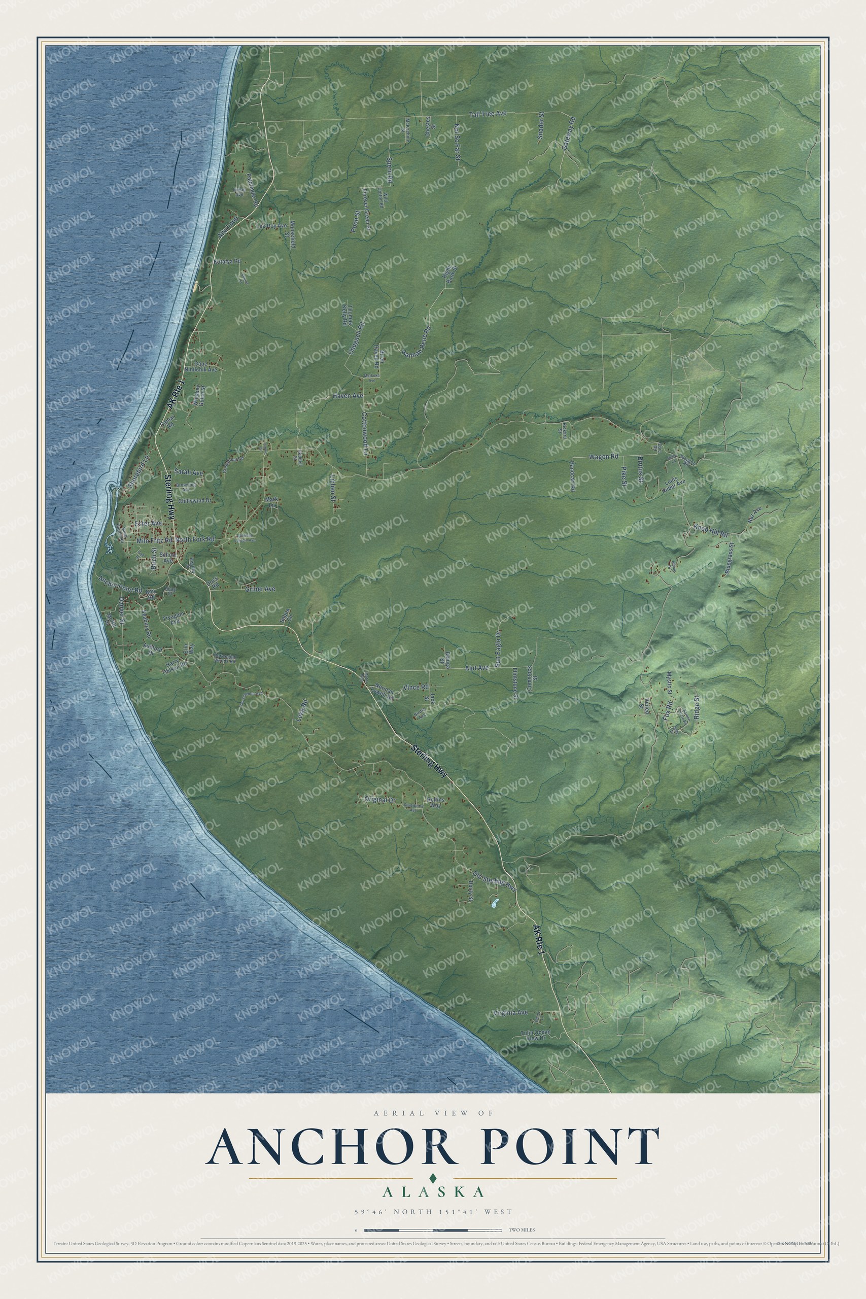 Full map of Anchor Point, Alaska, with red buildings, printed street names and the land around them