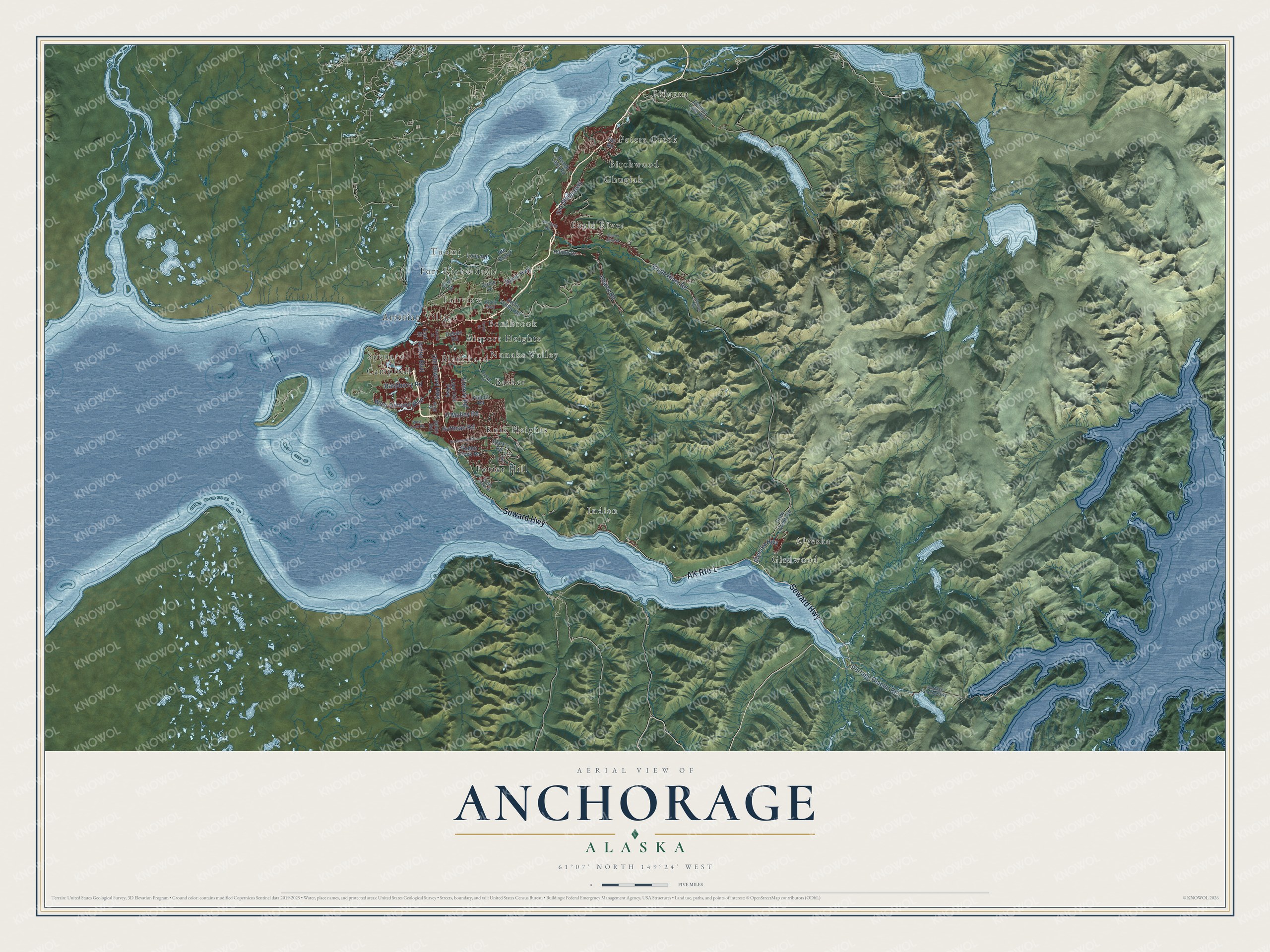 Full map of Anchorage, Alaska, with red buildings, printed street names and the land around them