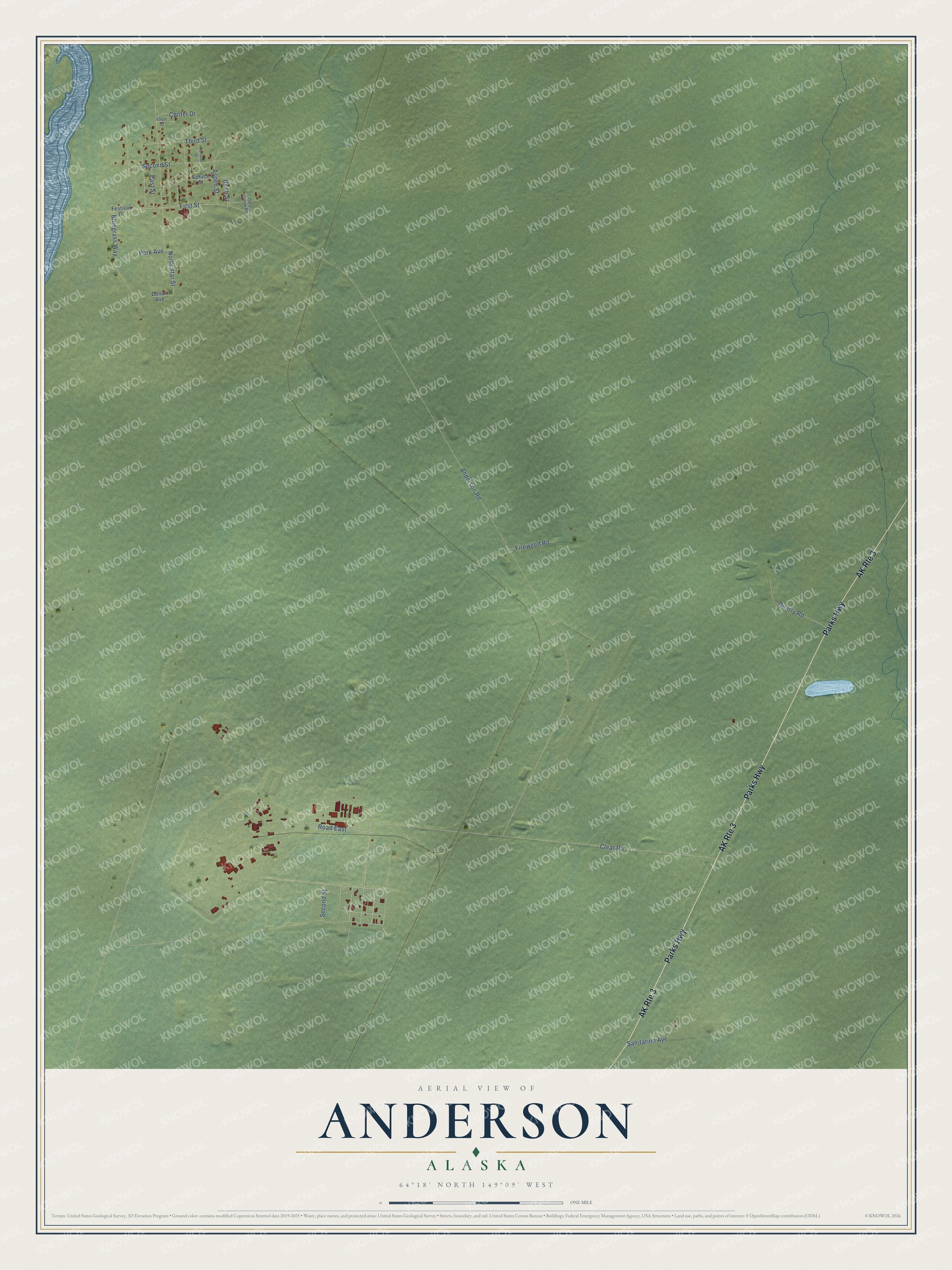 Full map of Anderson, Alaska, with red buildings, printed street names and the land around them