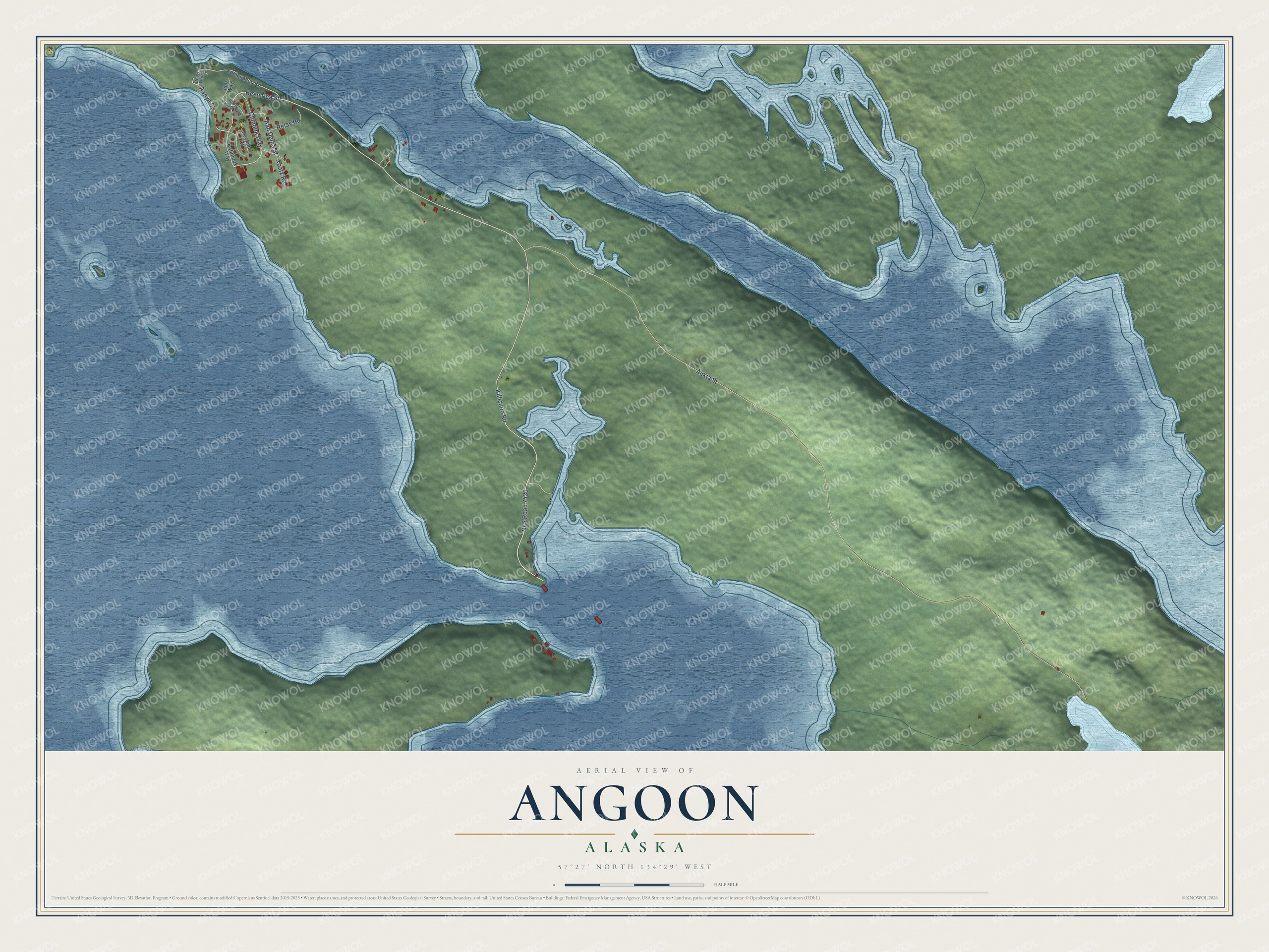 Full map of Angoon, Alaska, with red buildings, printed street names and the land around them
