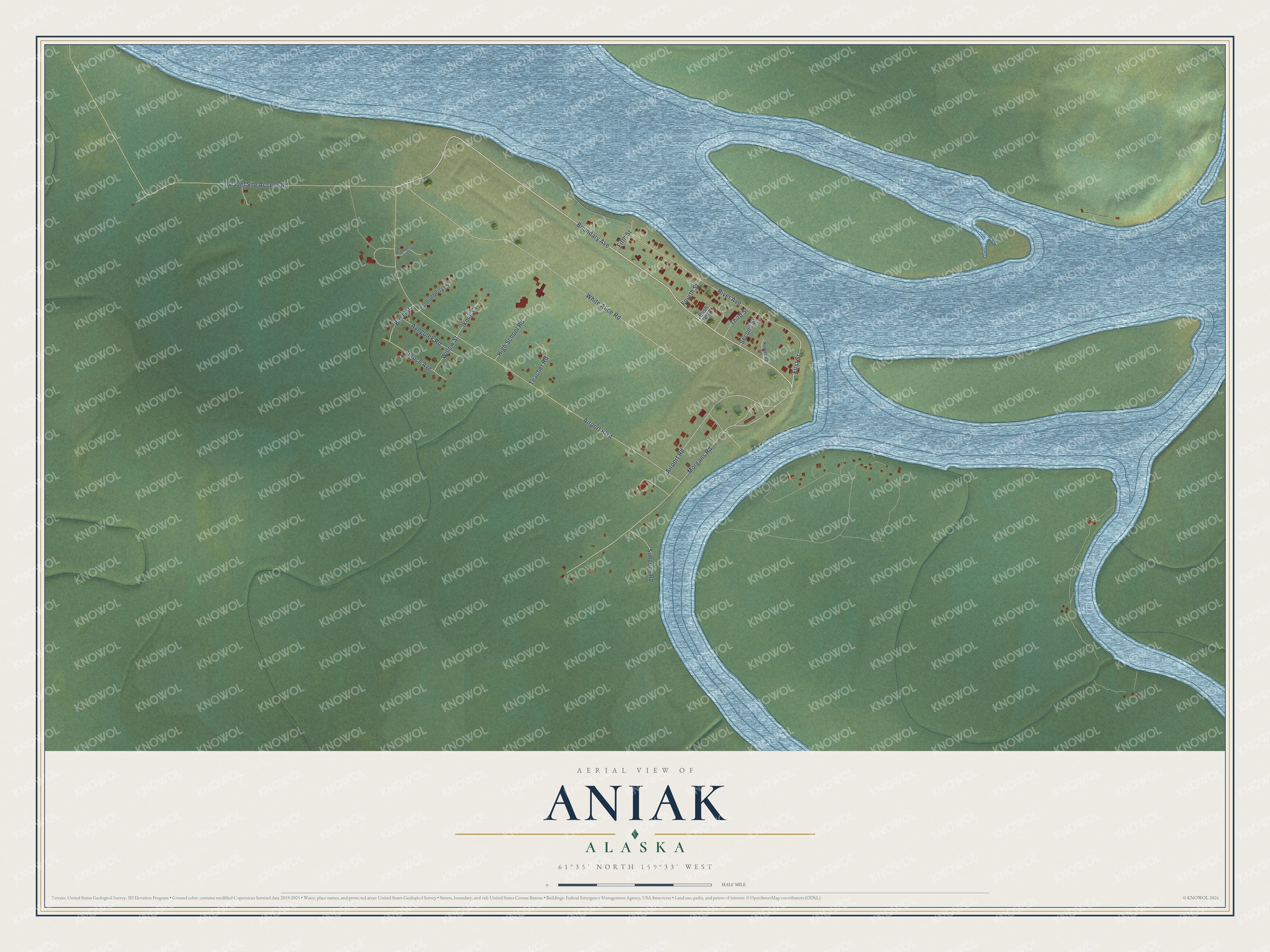 Full map of Aniak, Alaska, with red buildings, printed street names and the land around them