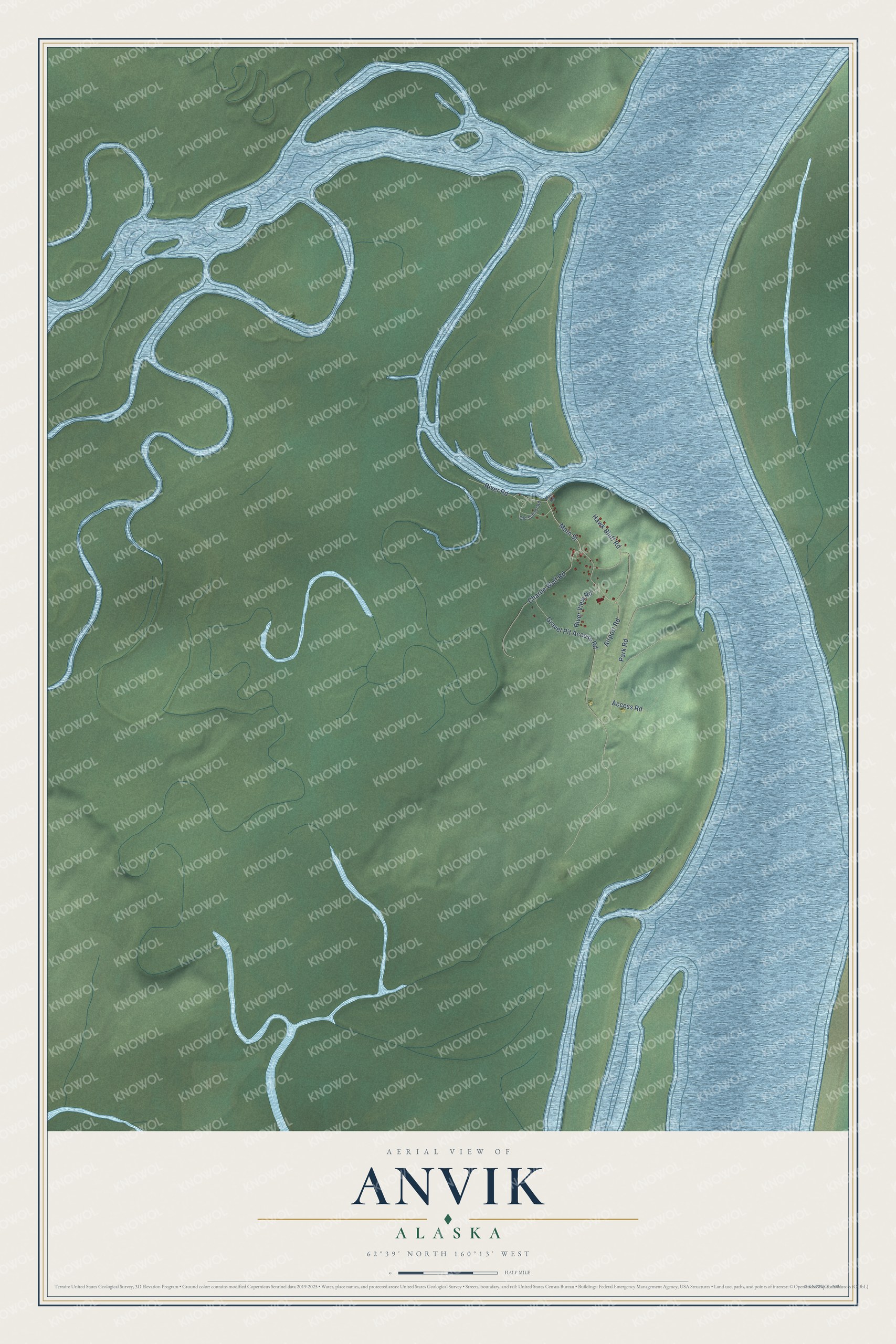 Full map of Anvik, Alaska, with red buildings, printed street names and the land around them