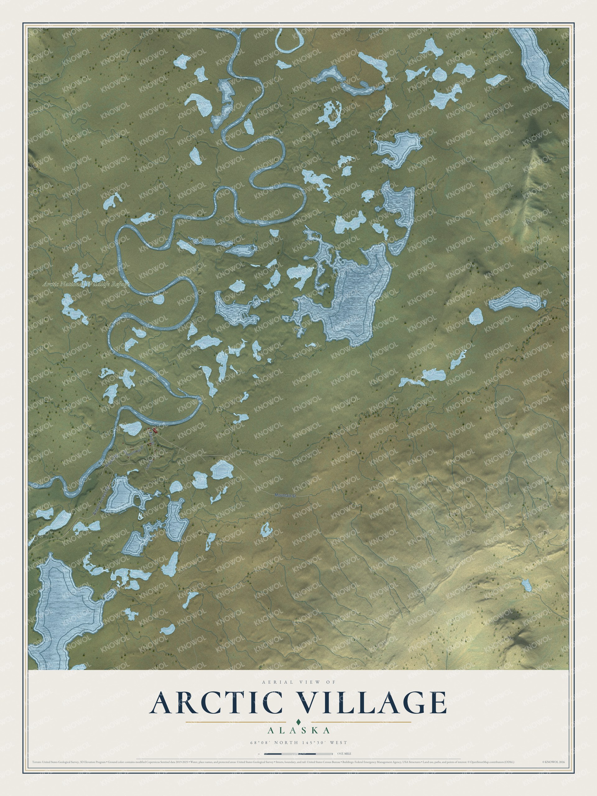 Full map of Arctic Village, Alaska, with red buildings, printed street names and the land around them