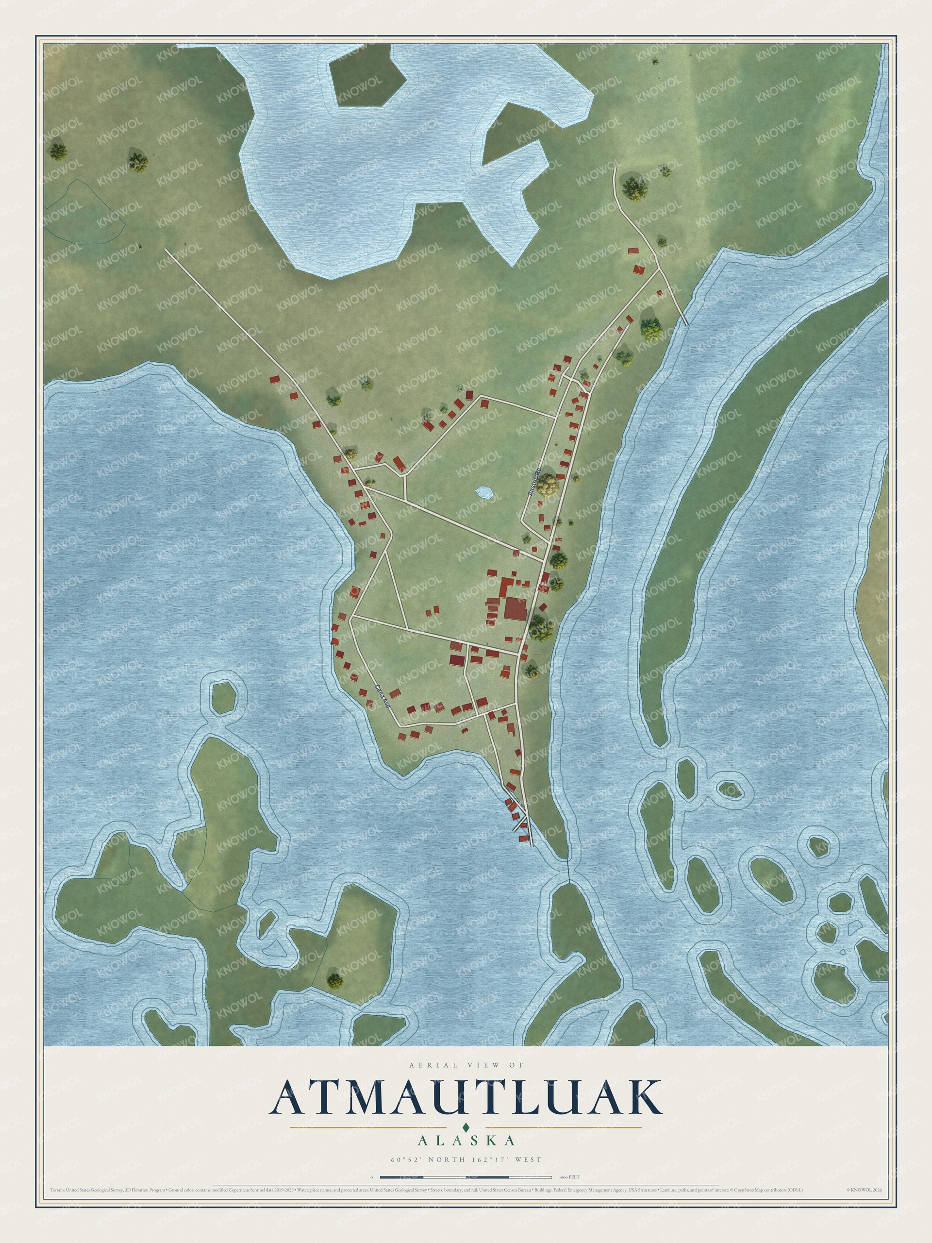 Full map of Atmautluak, Alaska, with red buildings, printed street names and the land around them