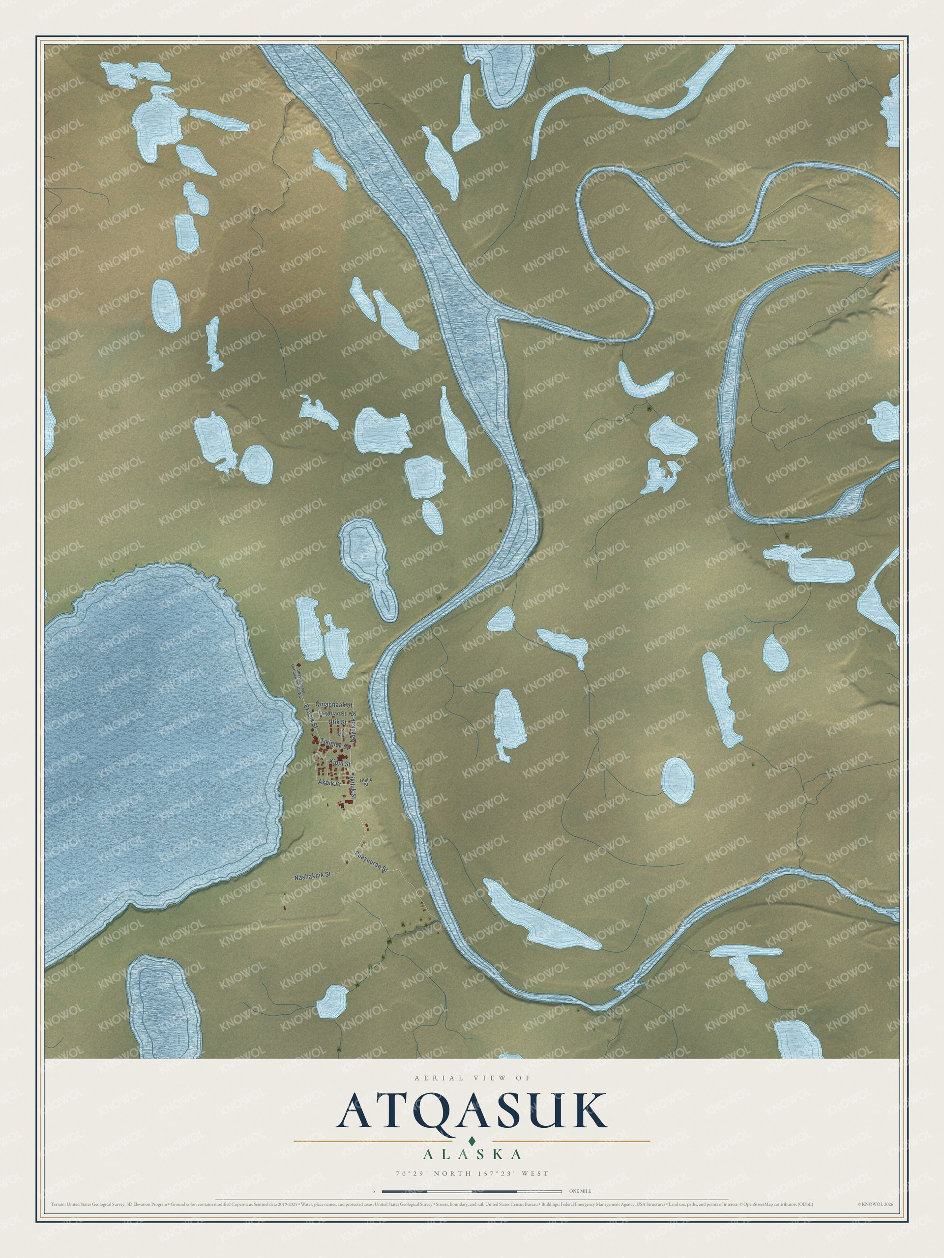 Full map of Atqasuk, Alaska, with red buildings, printed street names and the land around them