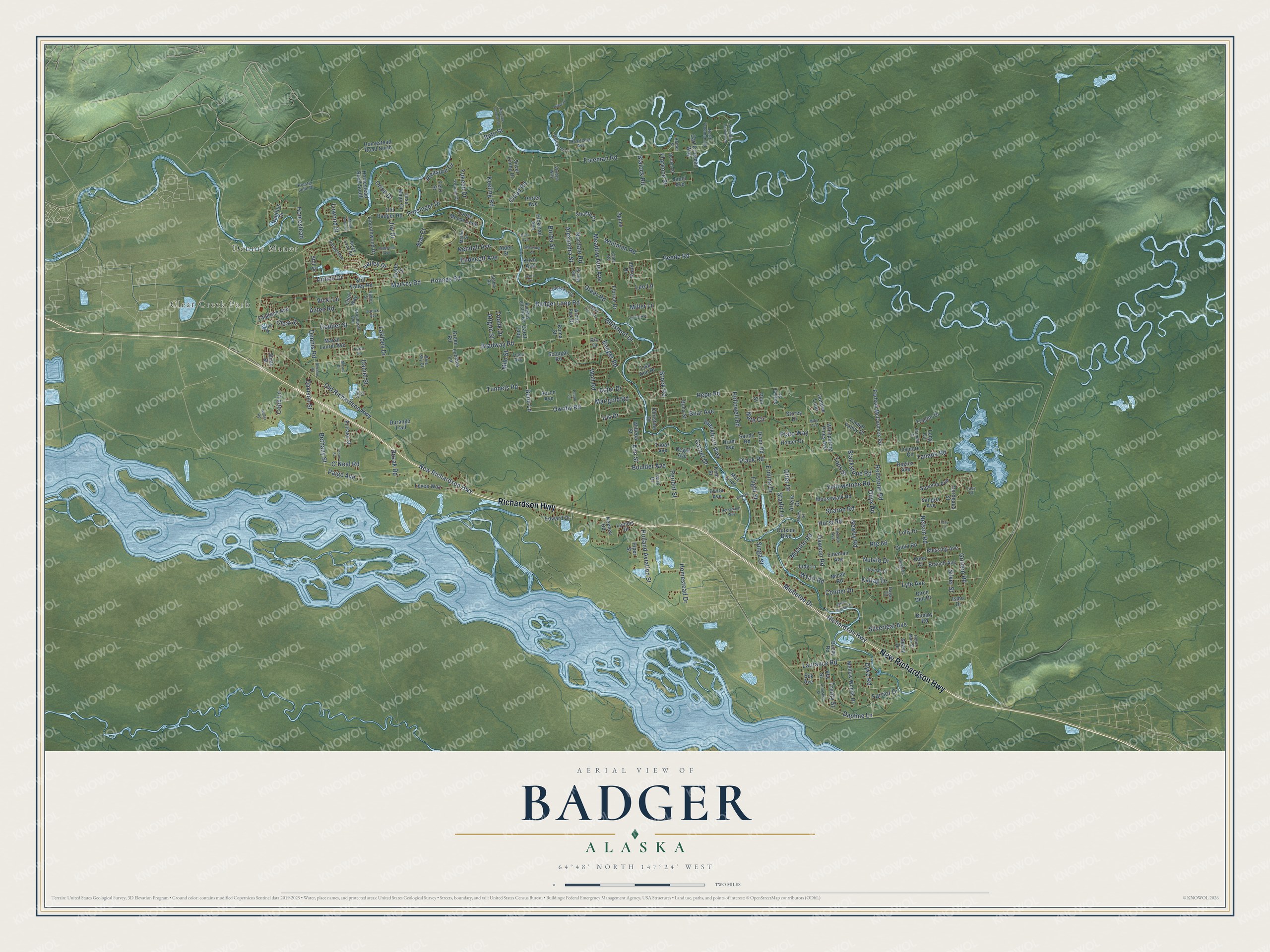 Full map of Badger, Alaska, with red buildings, printed street names and the land around them