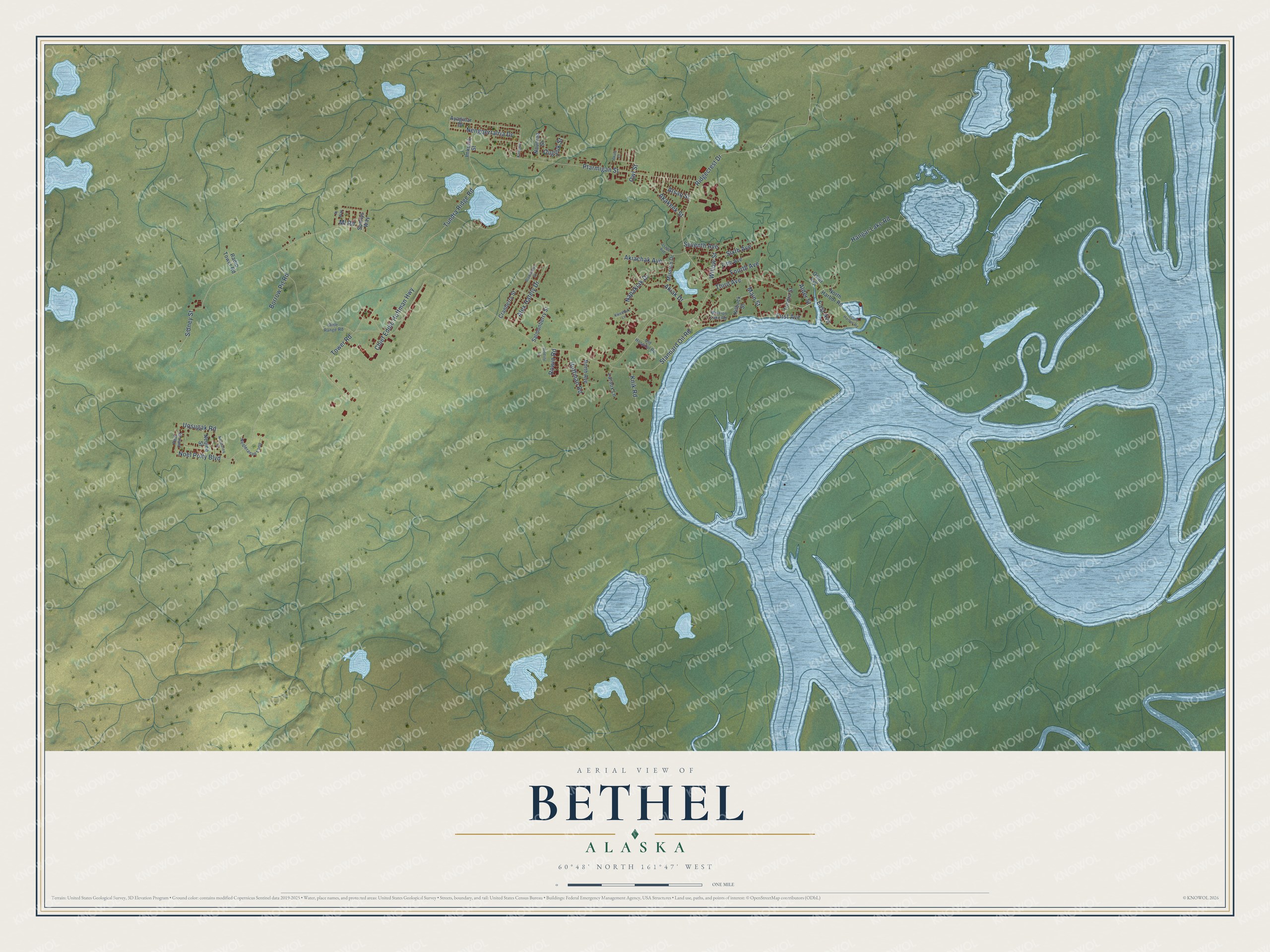 Full map of Bethel, Alaska, with red buildings, printed street names and the land around them