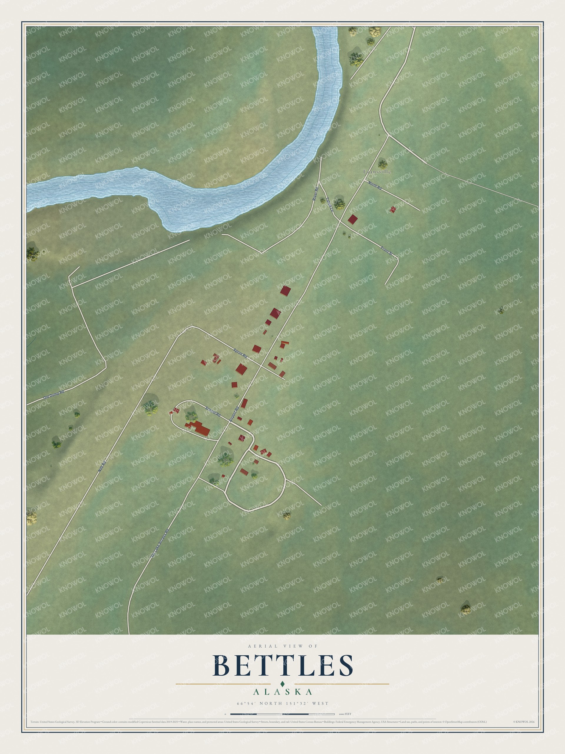 Full map of Bettles, Alaska, with red buildings, printed street names and the land around them
