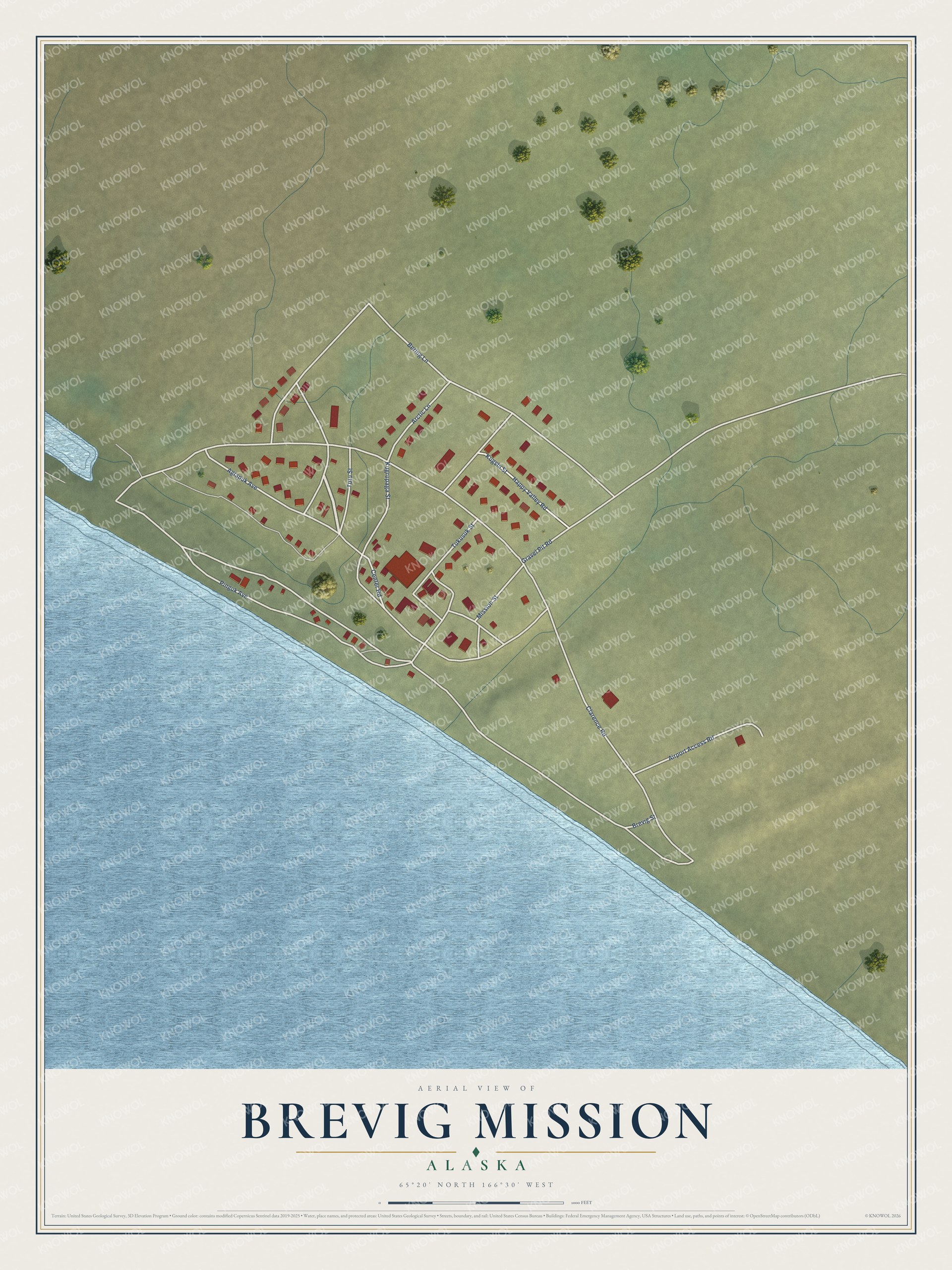 Full map of Brevig Mission, Alaska, with red buildings, printed street names and the land around them
