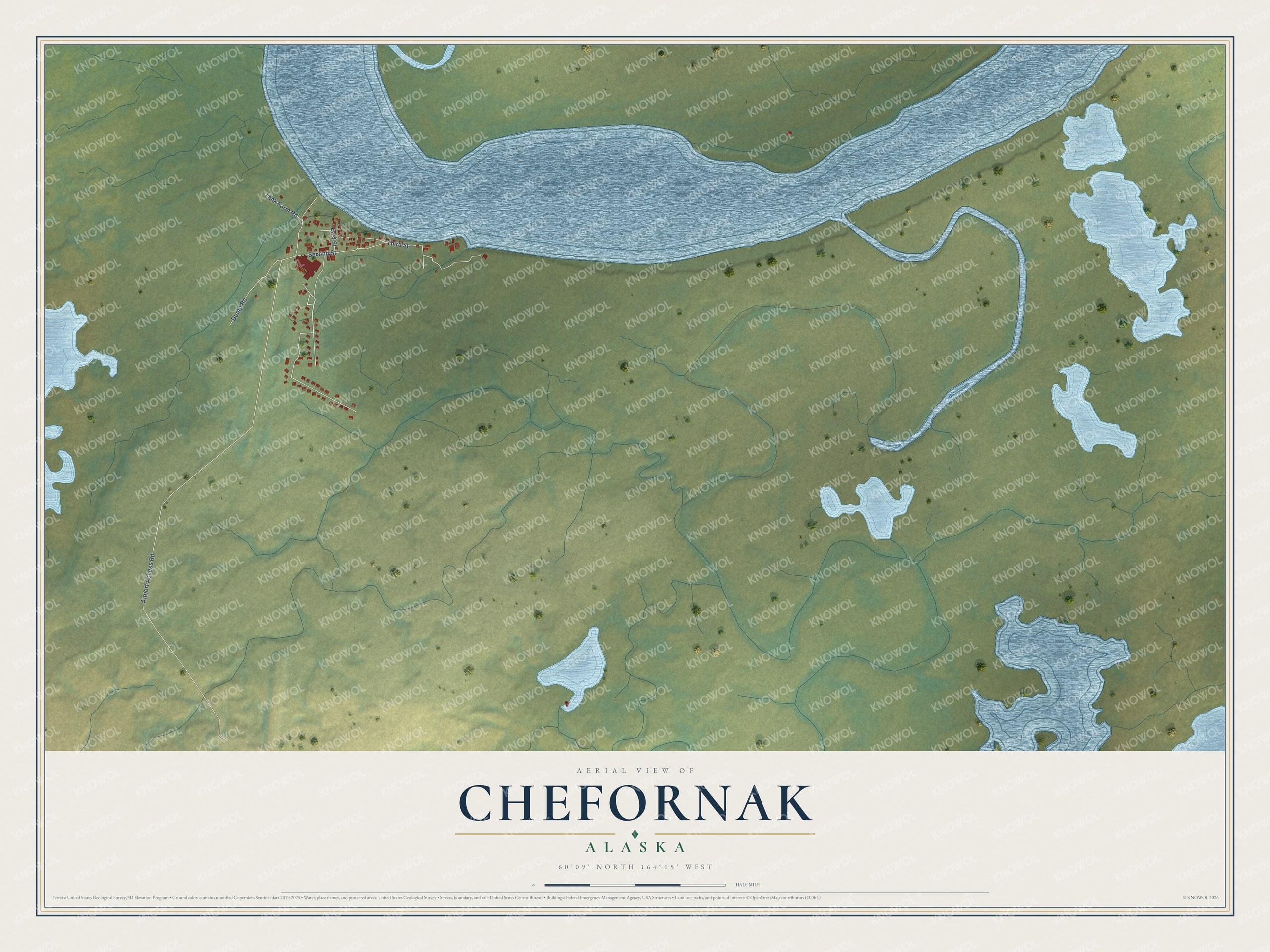Full map of Chefornak, Alaska, with red buildings, printed street names and the land around them