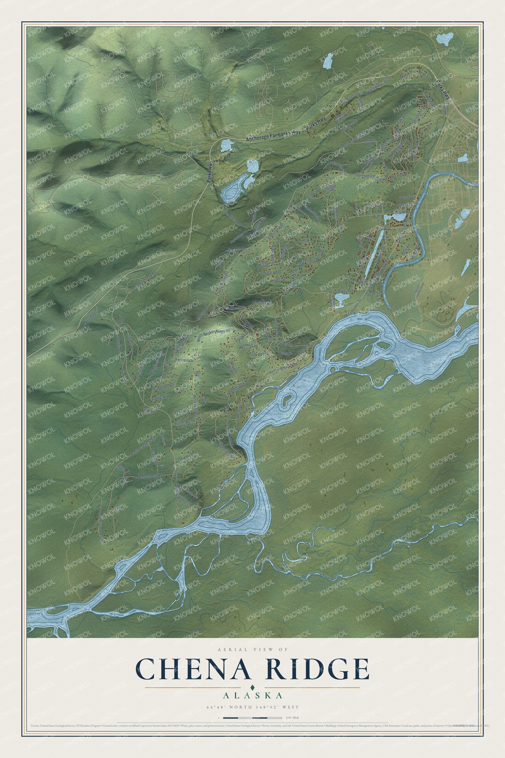 Full map of Chena Ridge, Alaska, with red buildings, printed street names and the land around them