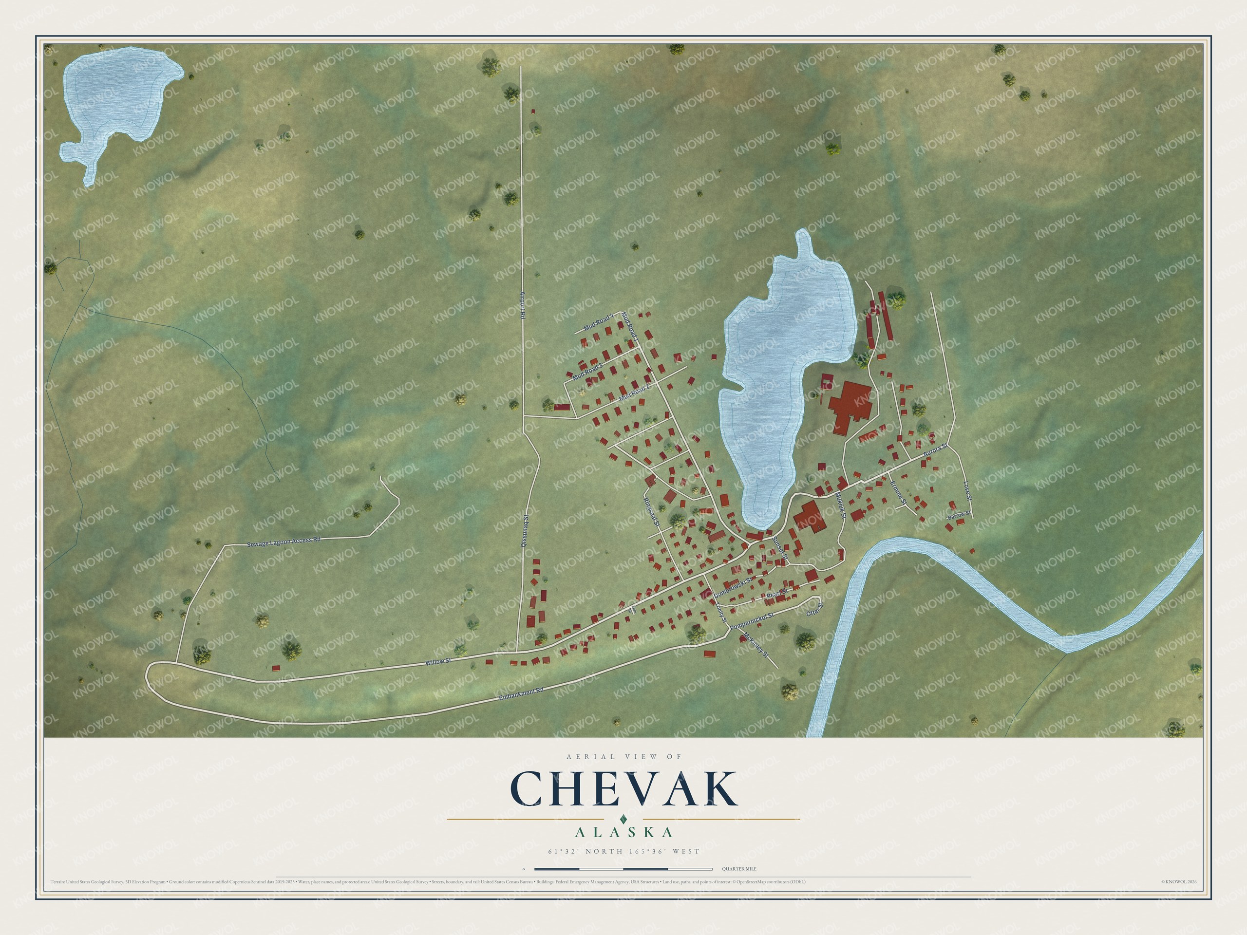 Full map of Chevak, Alaska, with red buildings, printed street names and the land around them