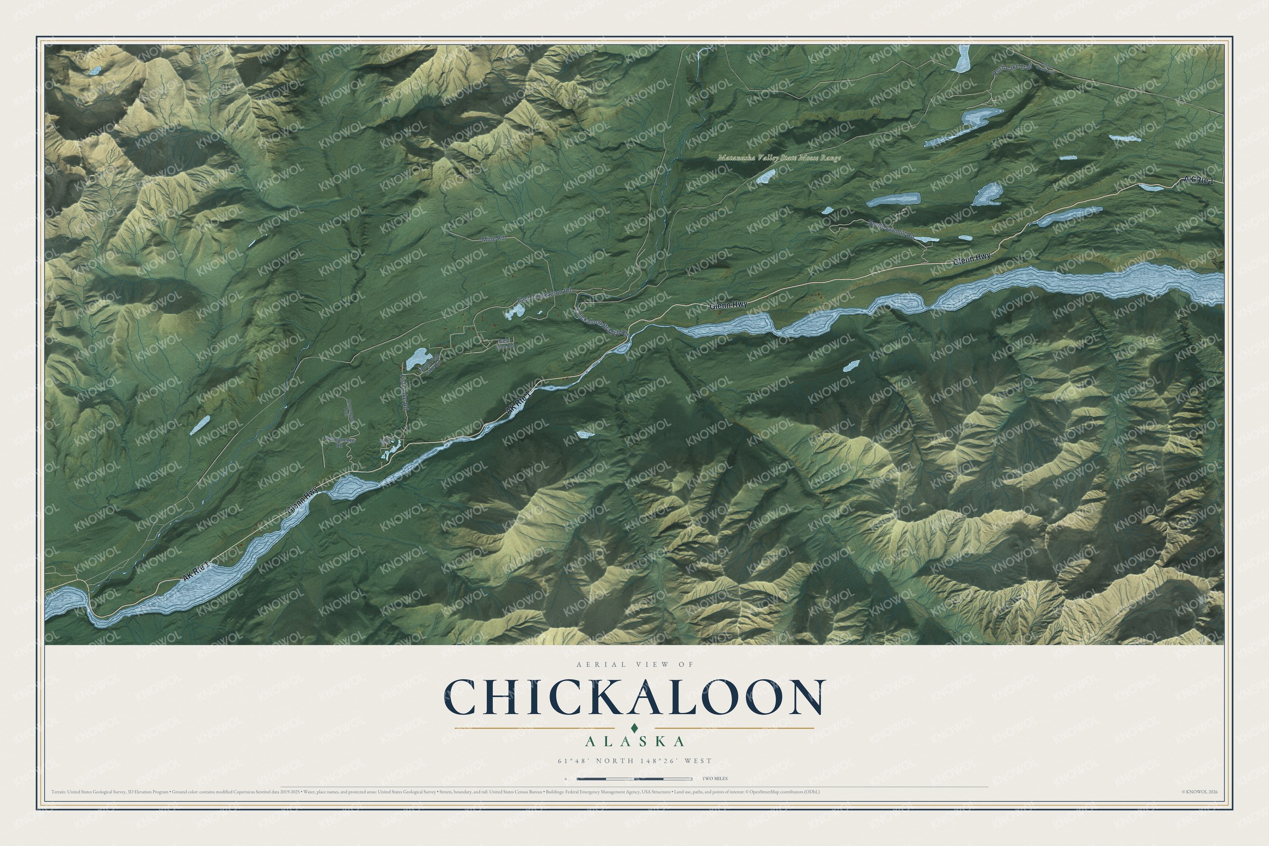 Full map of Chickaloon, Alaska, with red buildings, printed street names and the land around them