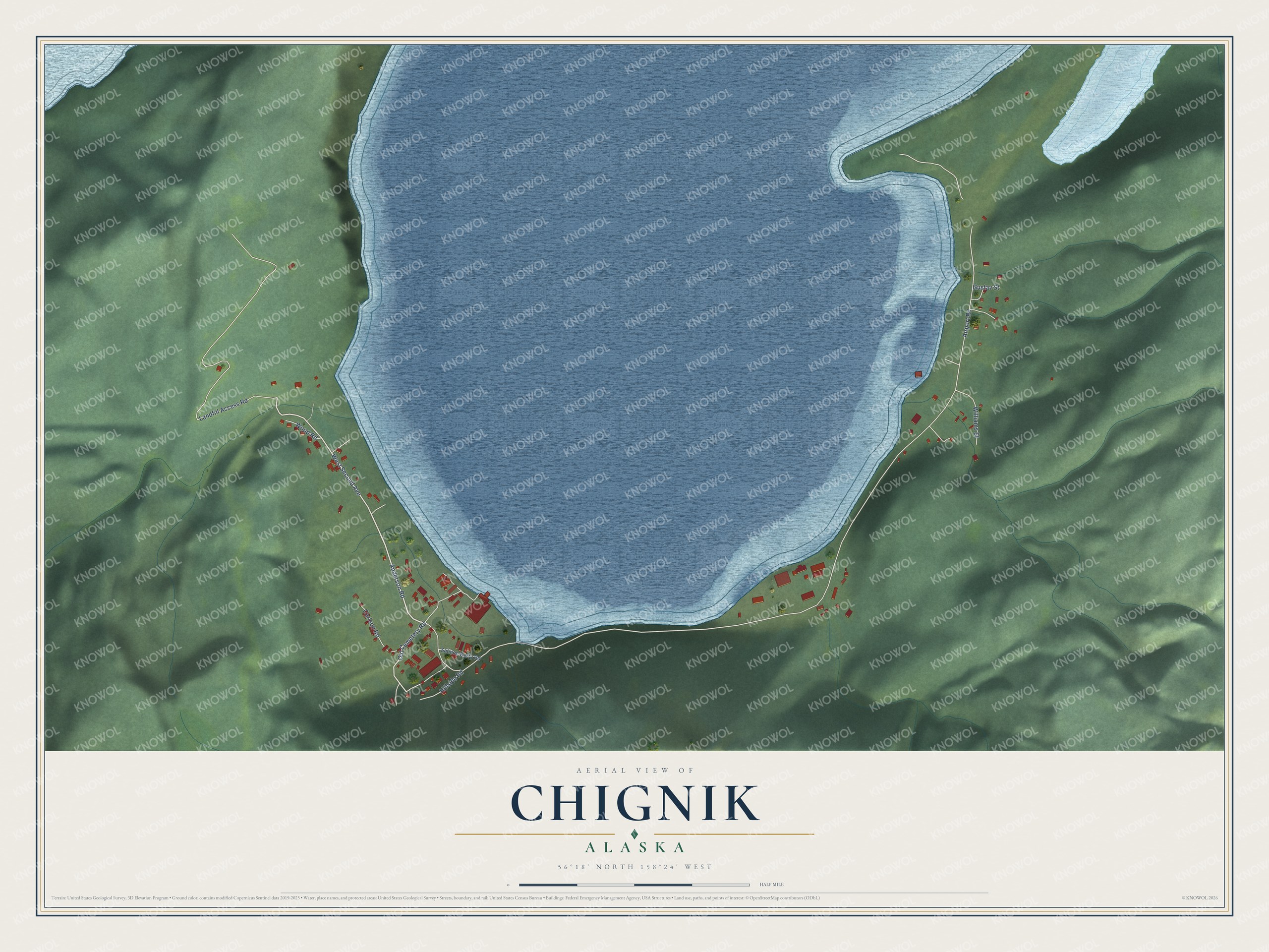 Full map of Chignik, Alaska, with red buildings, printed street names and the land around them