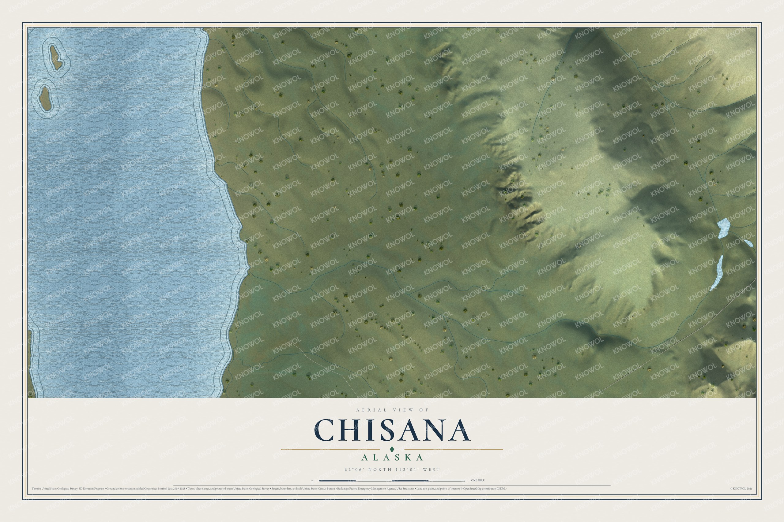 Full map of Chisana, Alaska, with red buildings, printed street names and the land around them