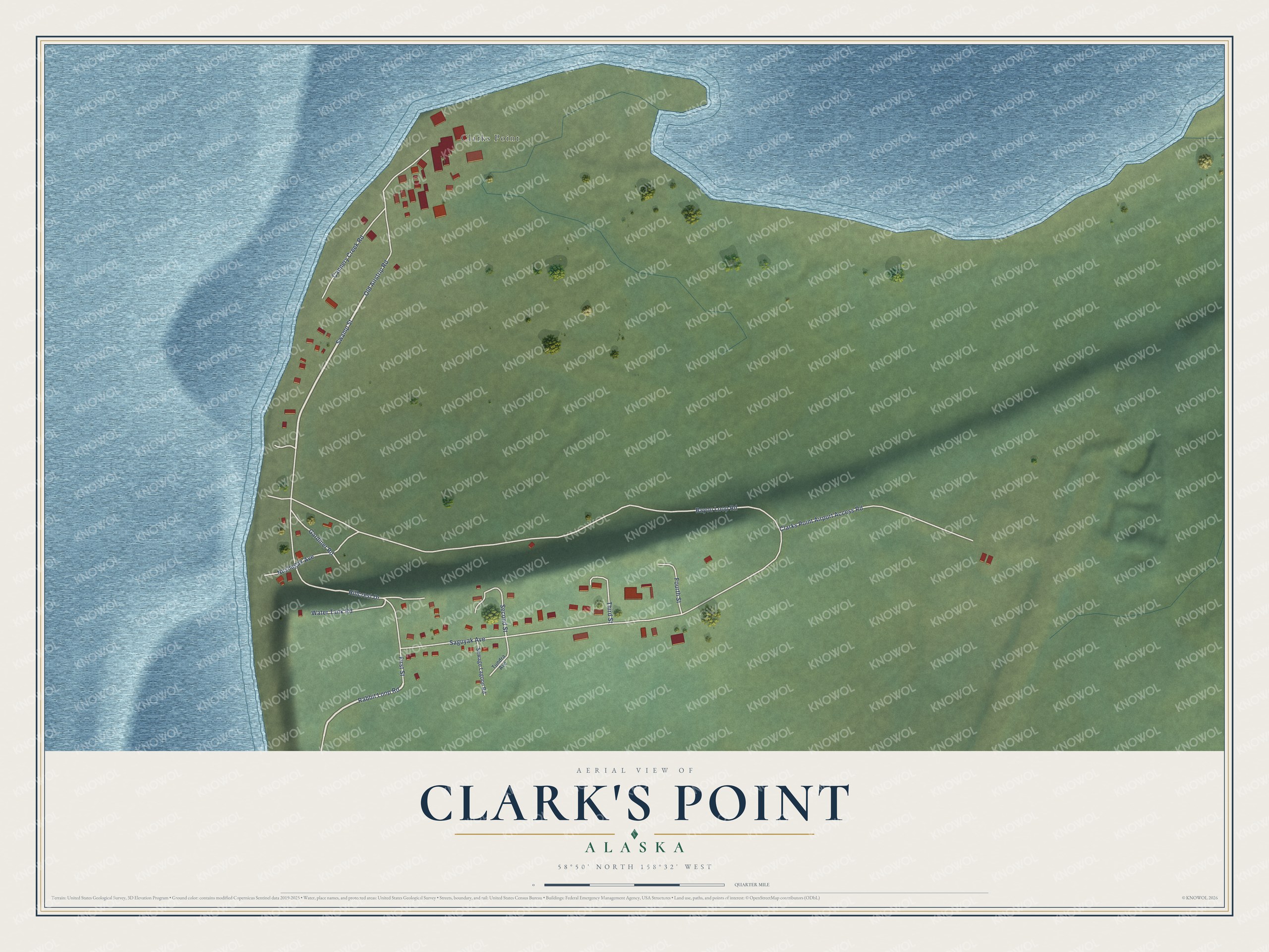 Full map of Clark's Point, Alaska, with red buildings, printed street names and the land around them