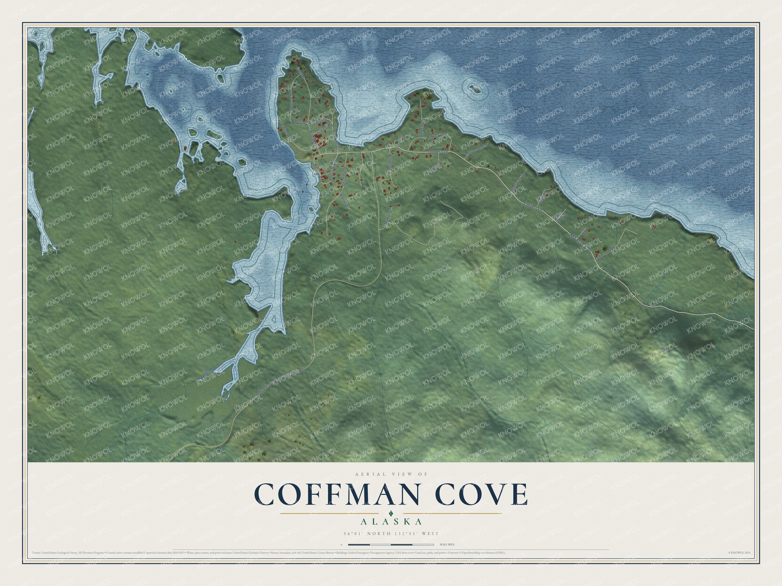 Full map of Coffman Cove, Alaska, with red buildings, printed street names and the land around them