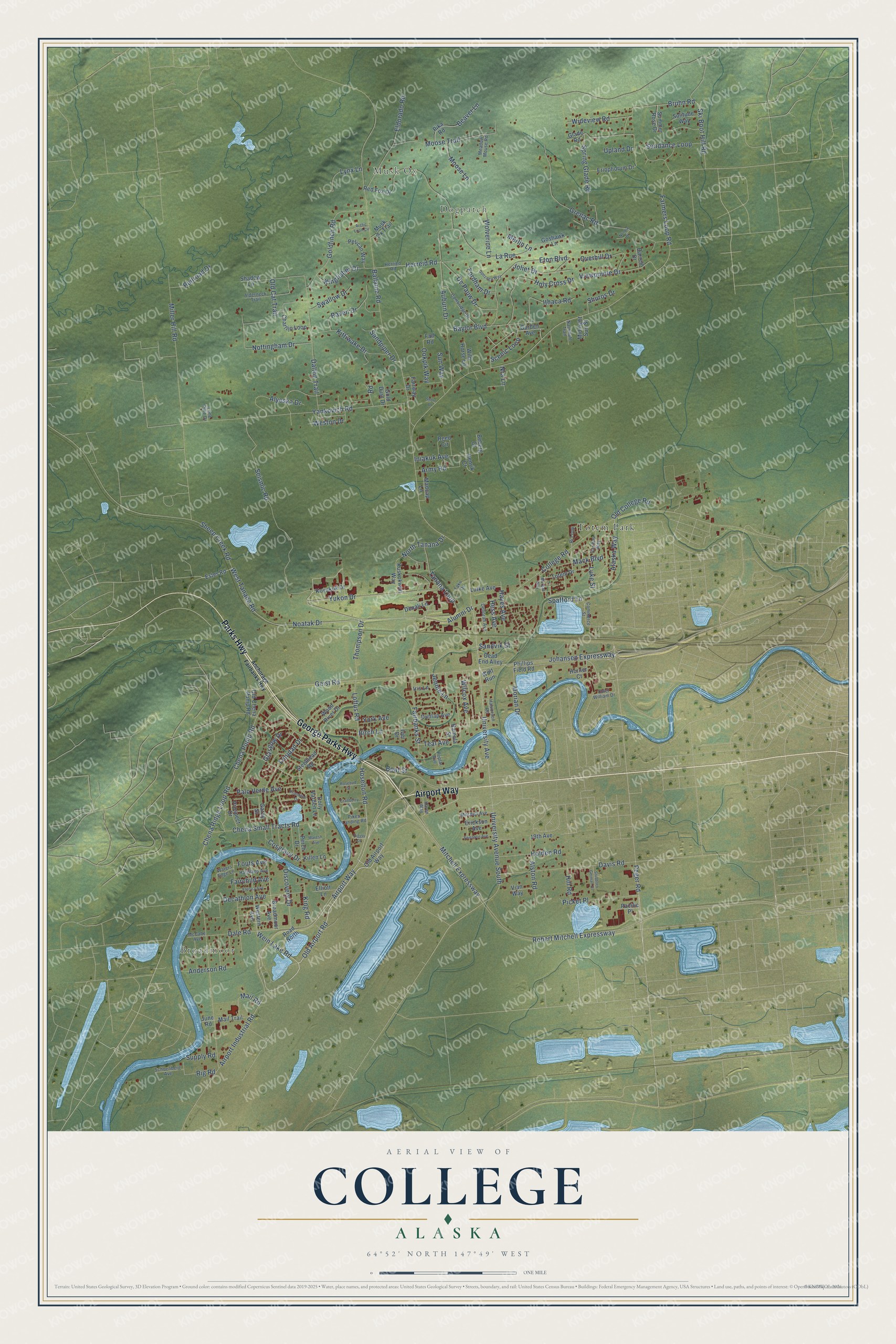 Full map of College, Alaska, with red buildings, printed street names and the land around them