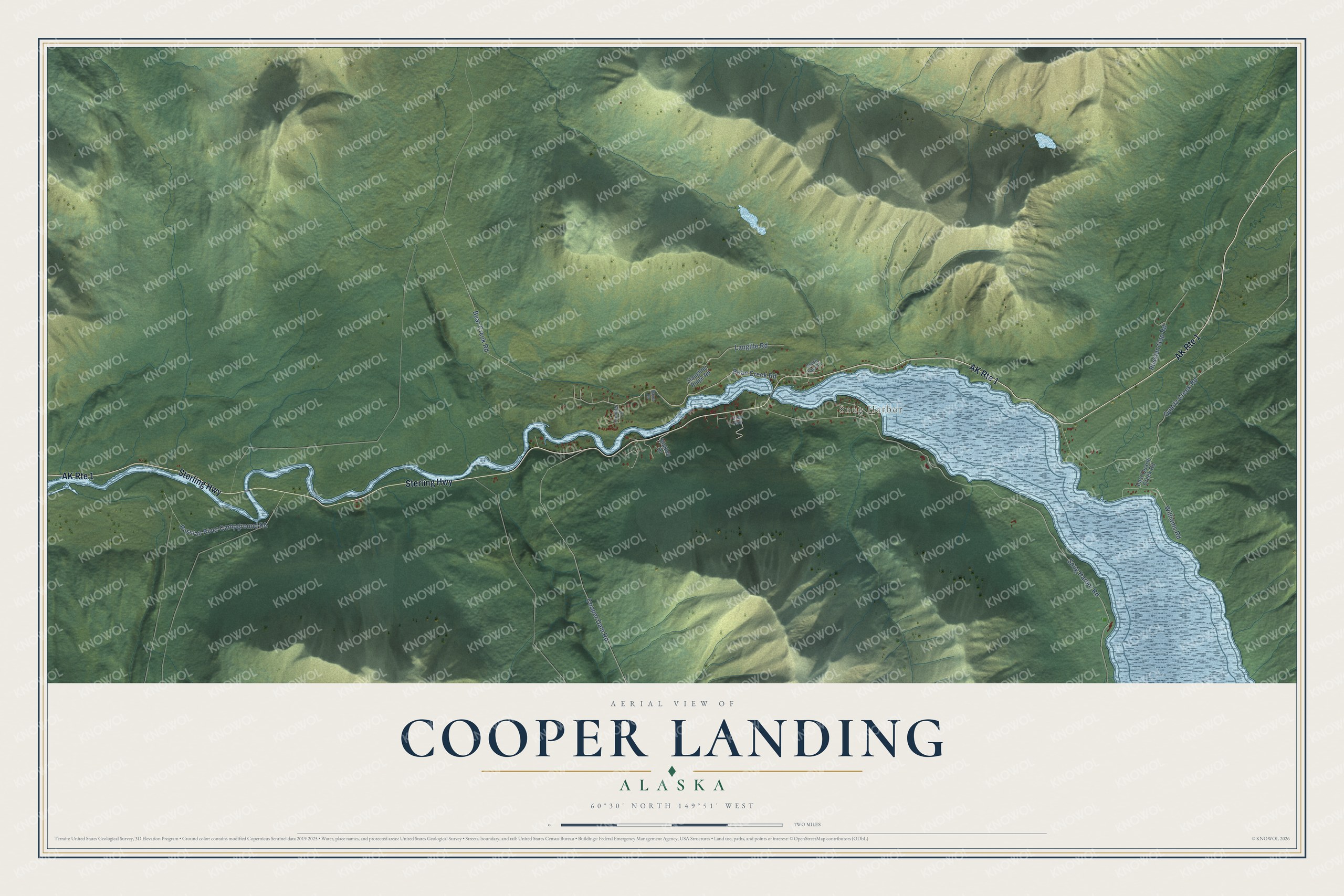 Full map of Cooper Landing, Alaska, with red buildings, printed street names and the land around them